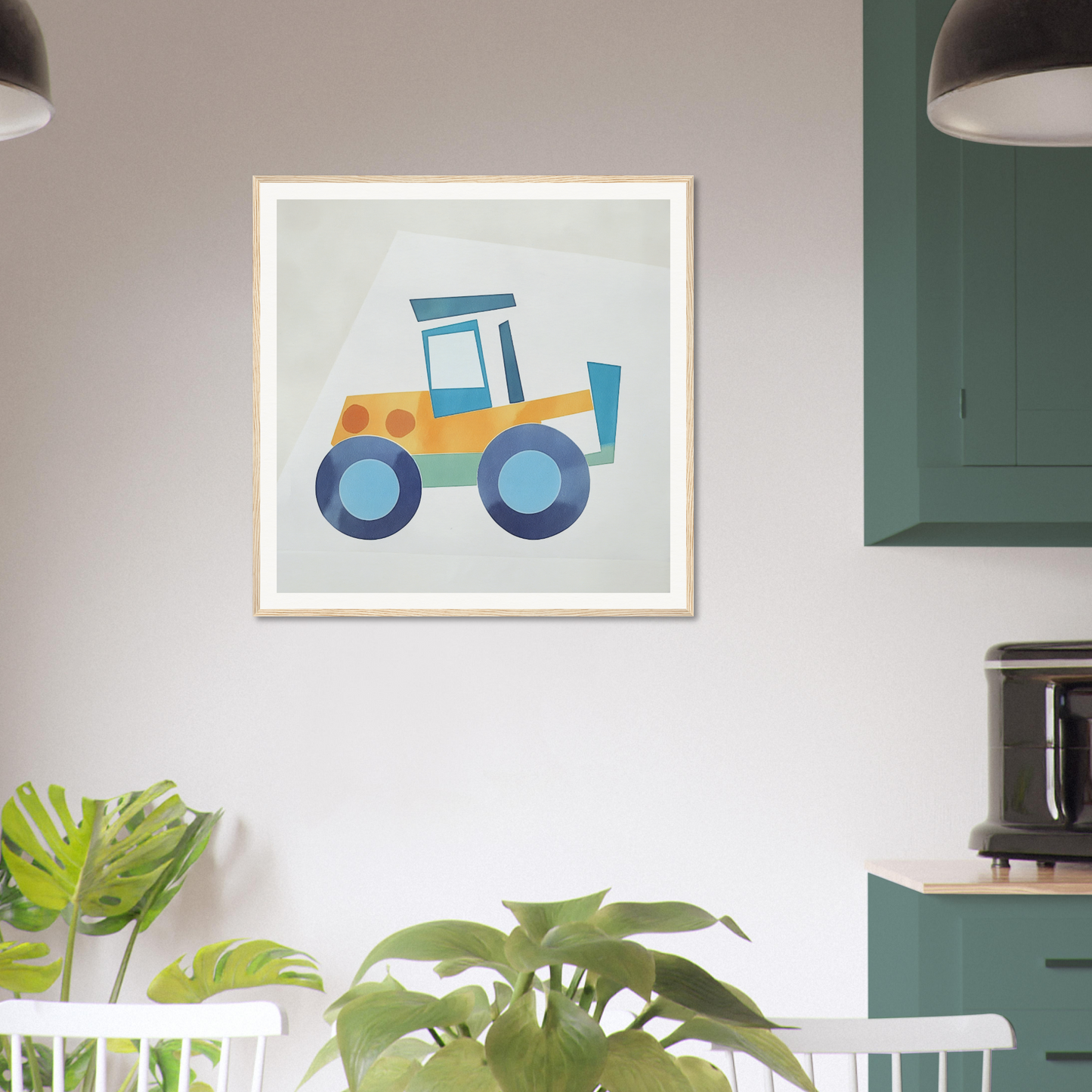 Bright yellow and blue tractor illustration for cute nursery wall art framed poster