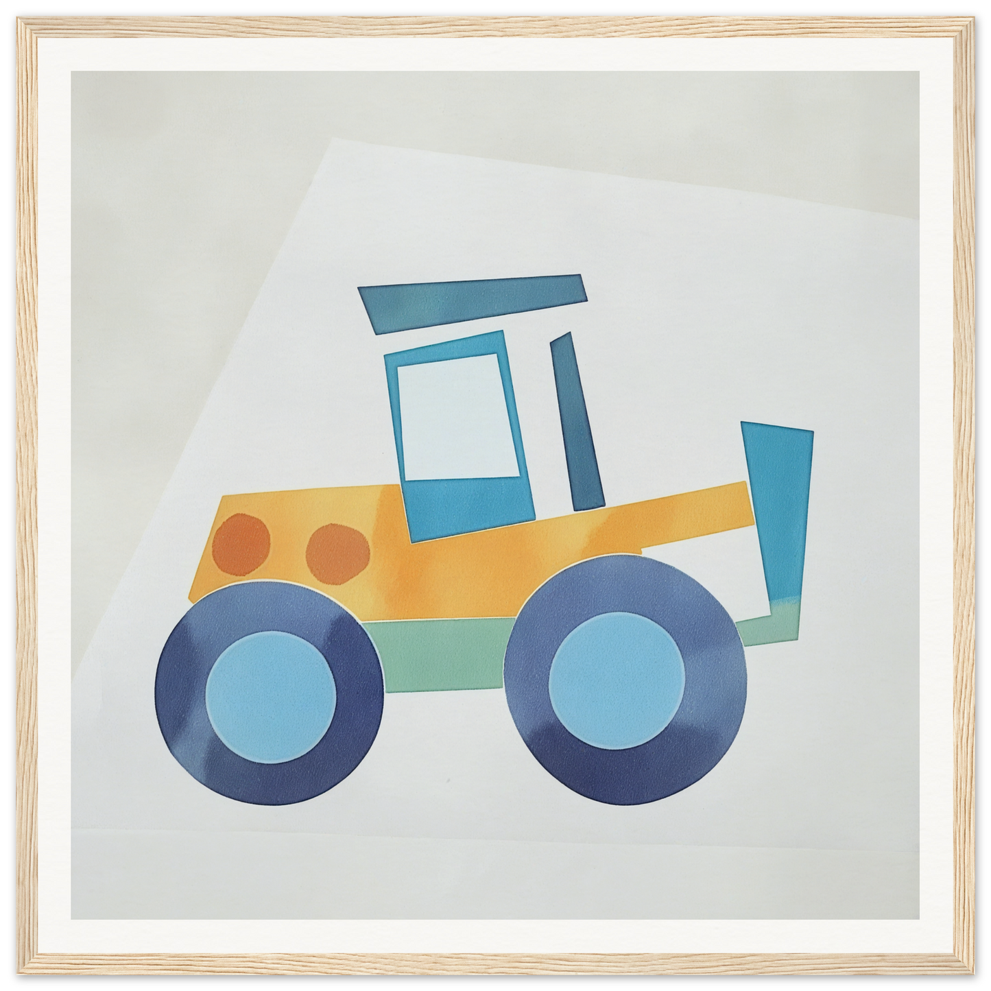 Geometric yellow and blue tractor illustration for nursery wall art or decor