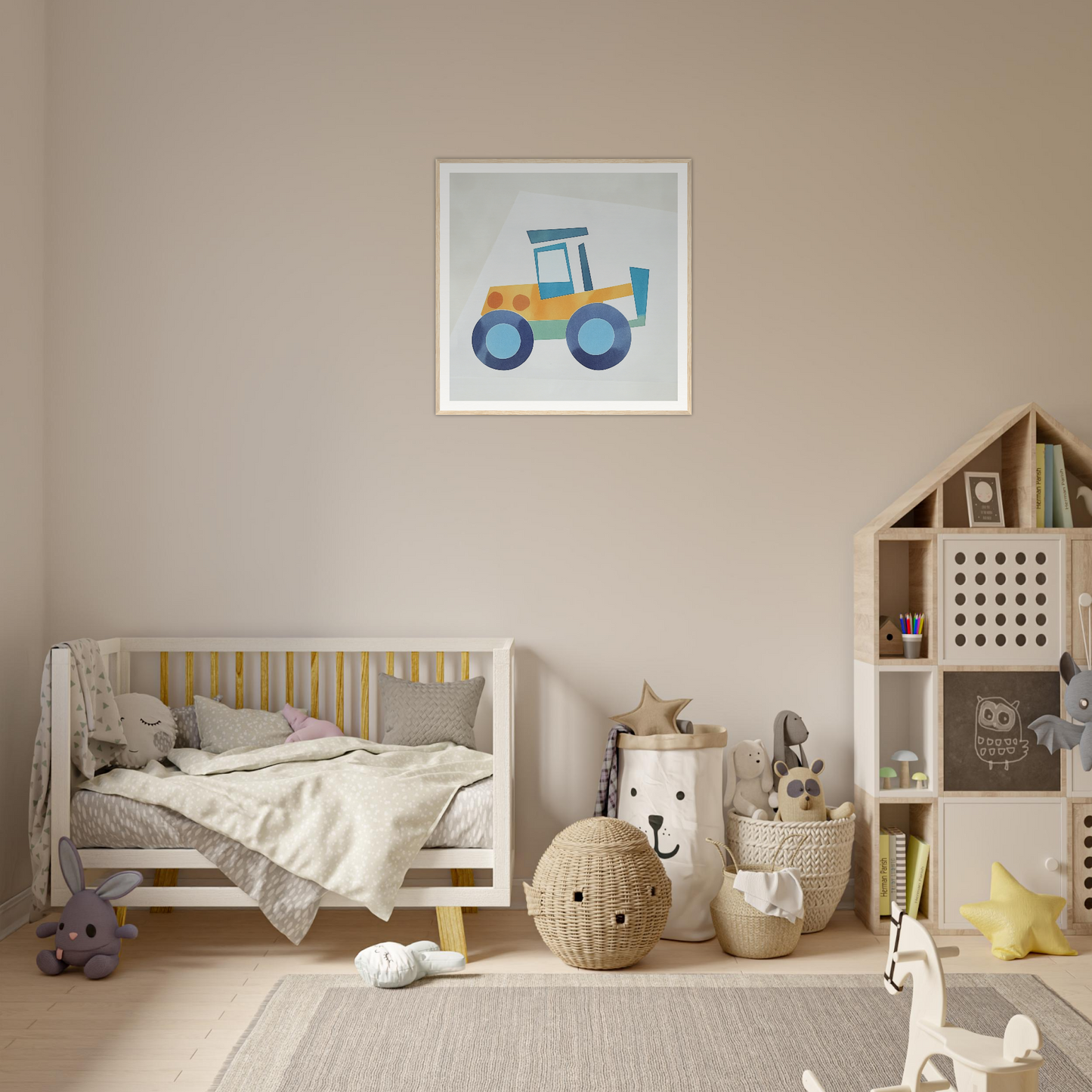 Framed poster of a colorful tractor for fun nursery wall art and decor