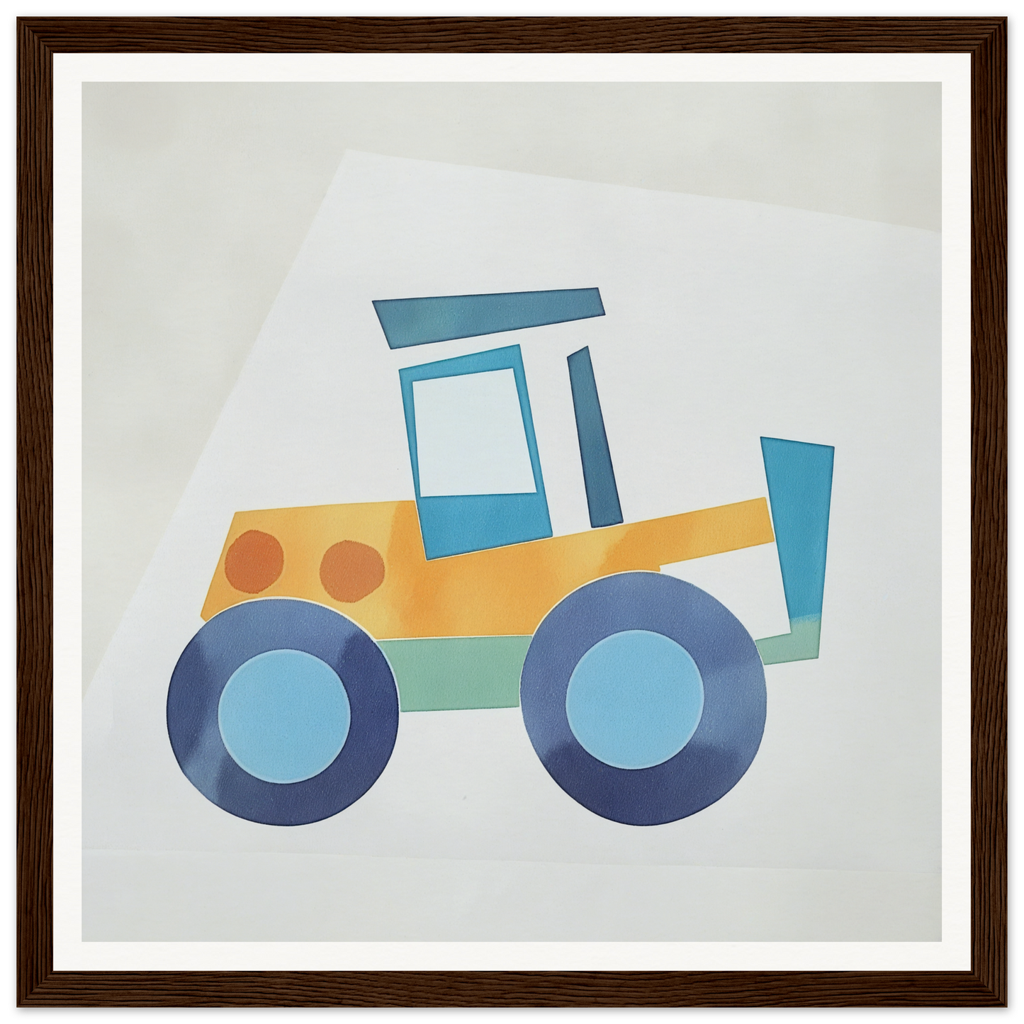 Yellow and blue cartoon tractor with round wheels for cute nursery wall art decor