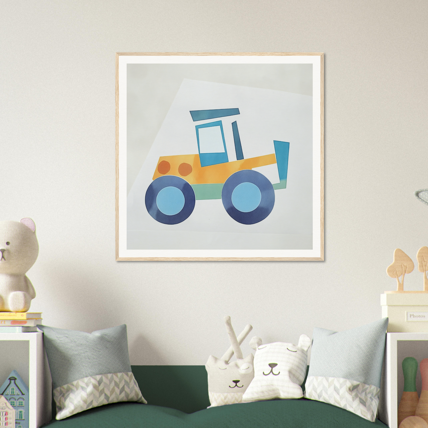 Fun yellow and blue tractor in a white frame, perfect for nursery decor or wall art