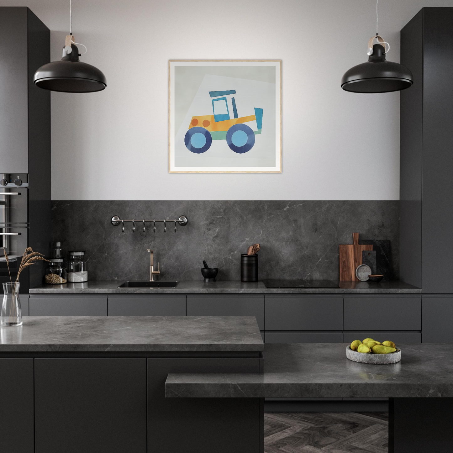 Modern dark kitchen featuring blue tractor nursery wall art as framed poster decor
