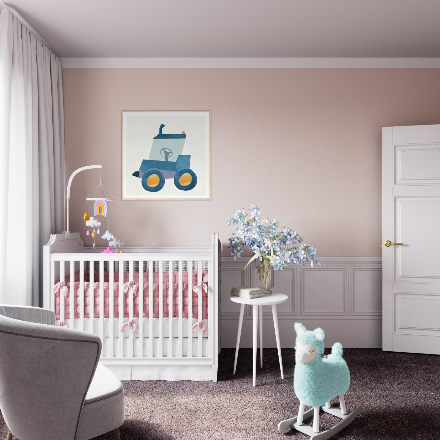 White wooden crib with pink bedding, perfect for nursery decor and style