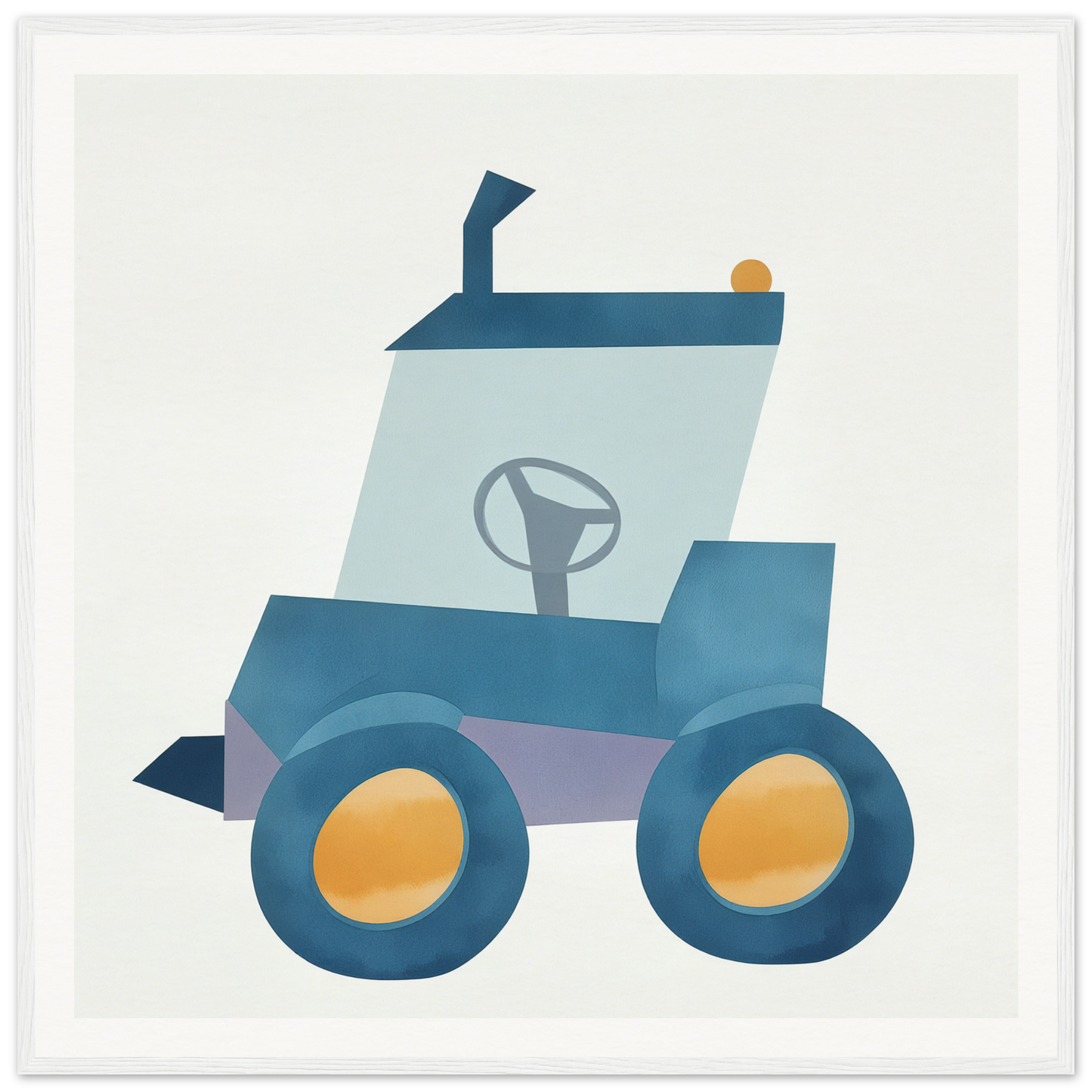 Simple blue cartoon tractor with yellow wheels perfect for nursery wall art or decor