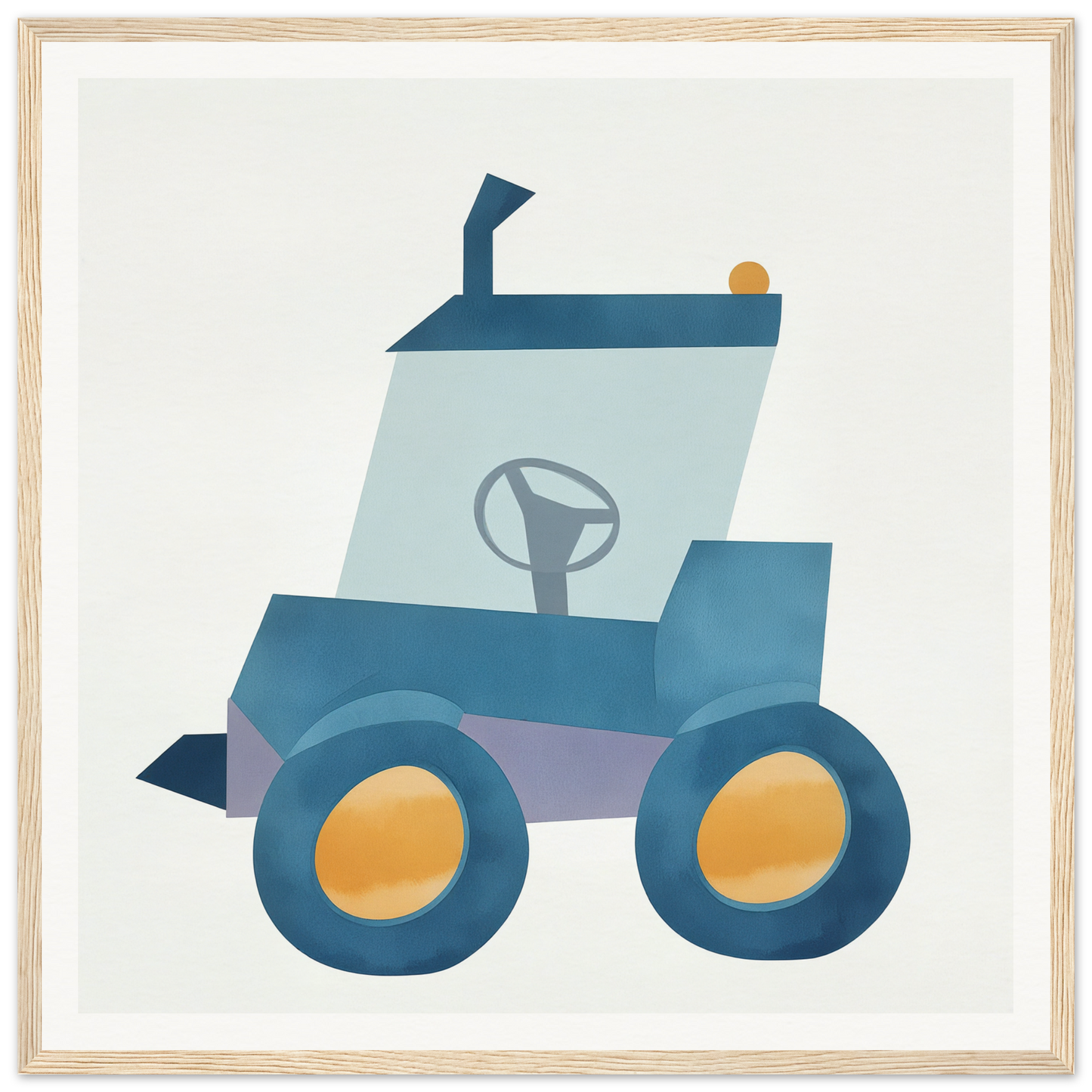 Simple blue tractor with yellow wheels for fun nursery wall art or poster decor