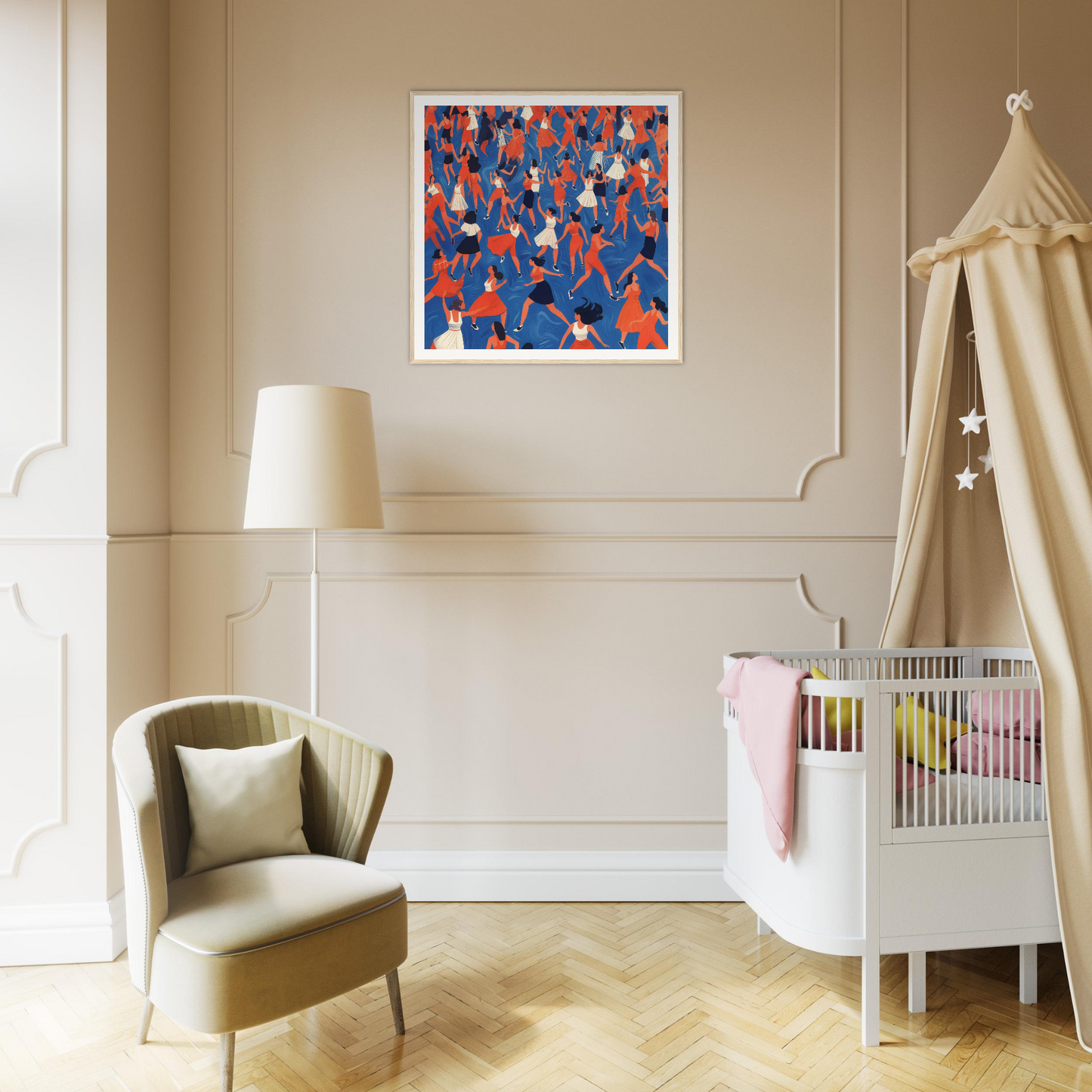 Modern nursery with white crib, canopy, and stylish nursery wall art above