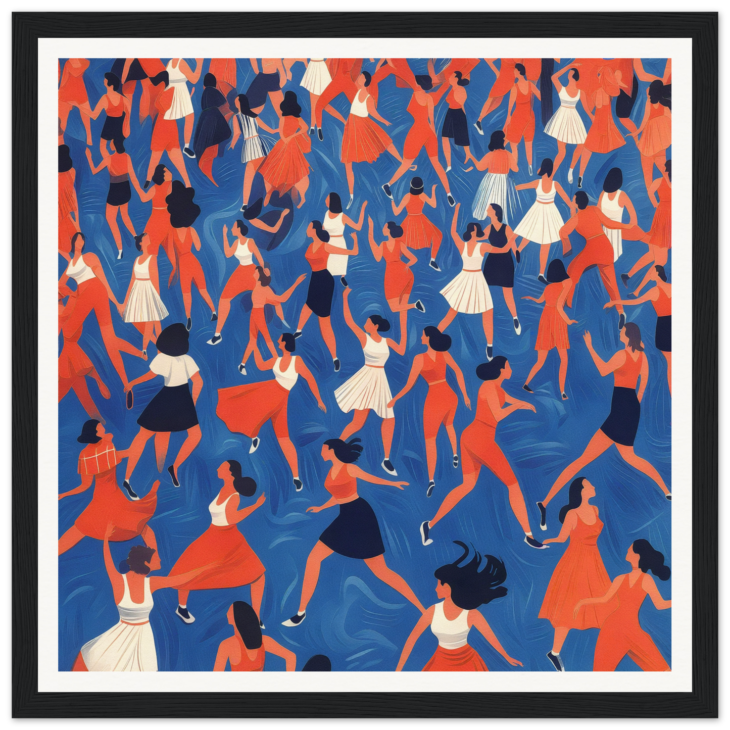 Energetic crowd of dancers in red, white, and blue for lively nursery wall art