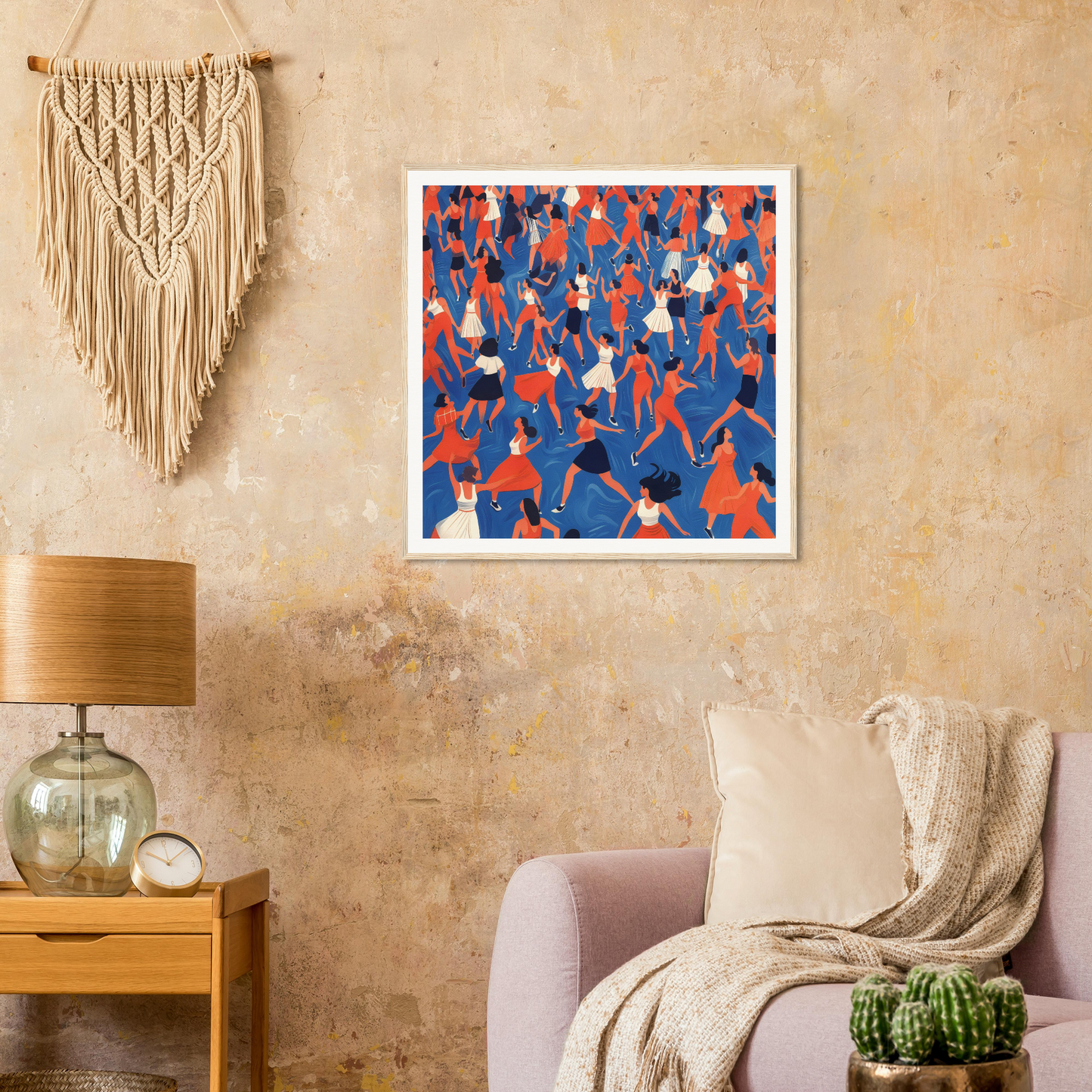 Framed poster of vibrant red and blue dancing figures for nursery wall art decor