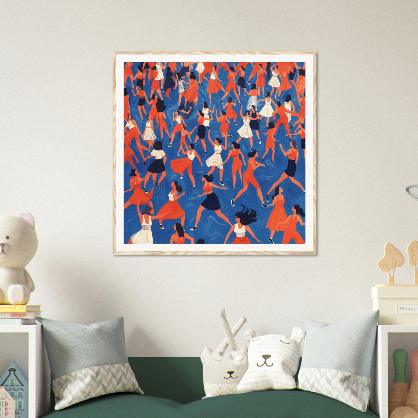 Framed poster of dancing figures in red, white, and blue for nursery wall art and decor