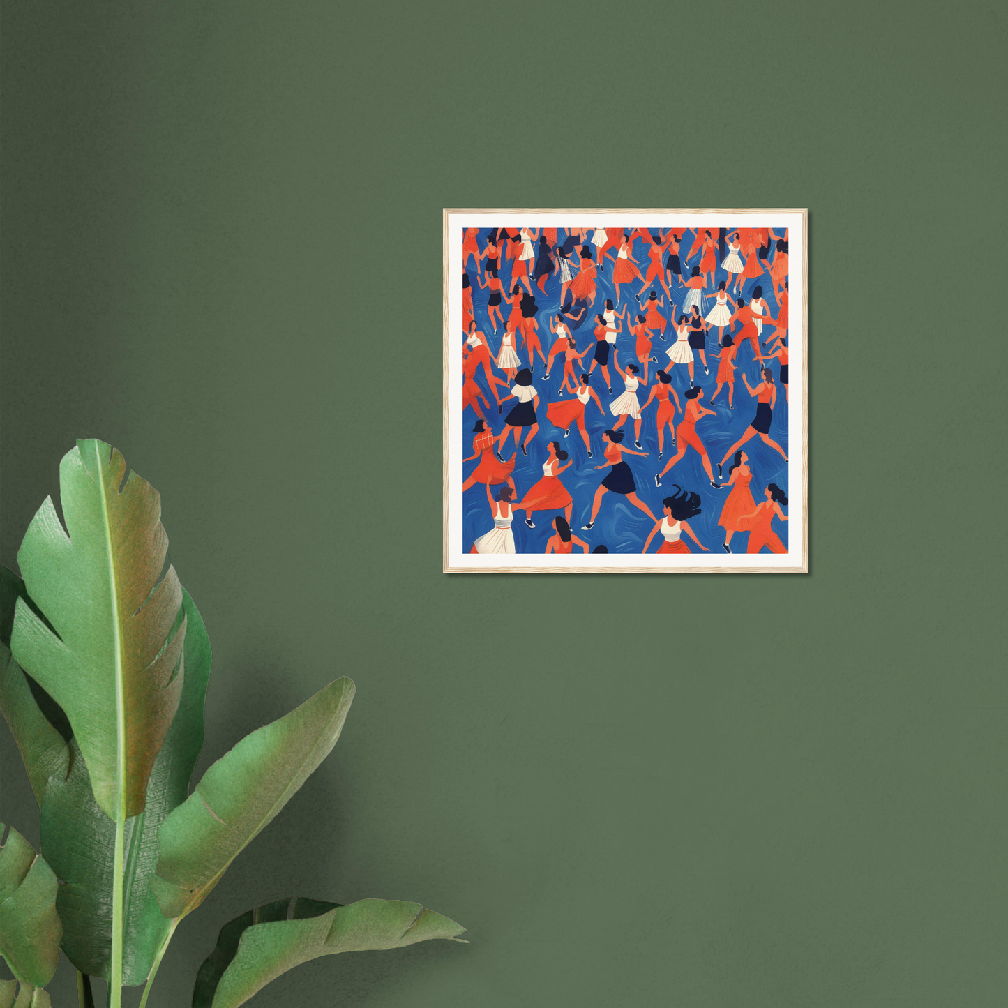 Framed poster of red and blue abstract figures, perfect for nursery decor