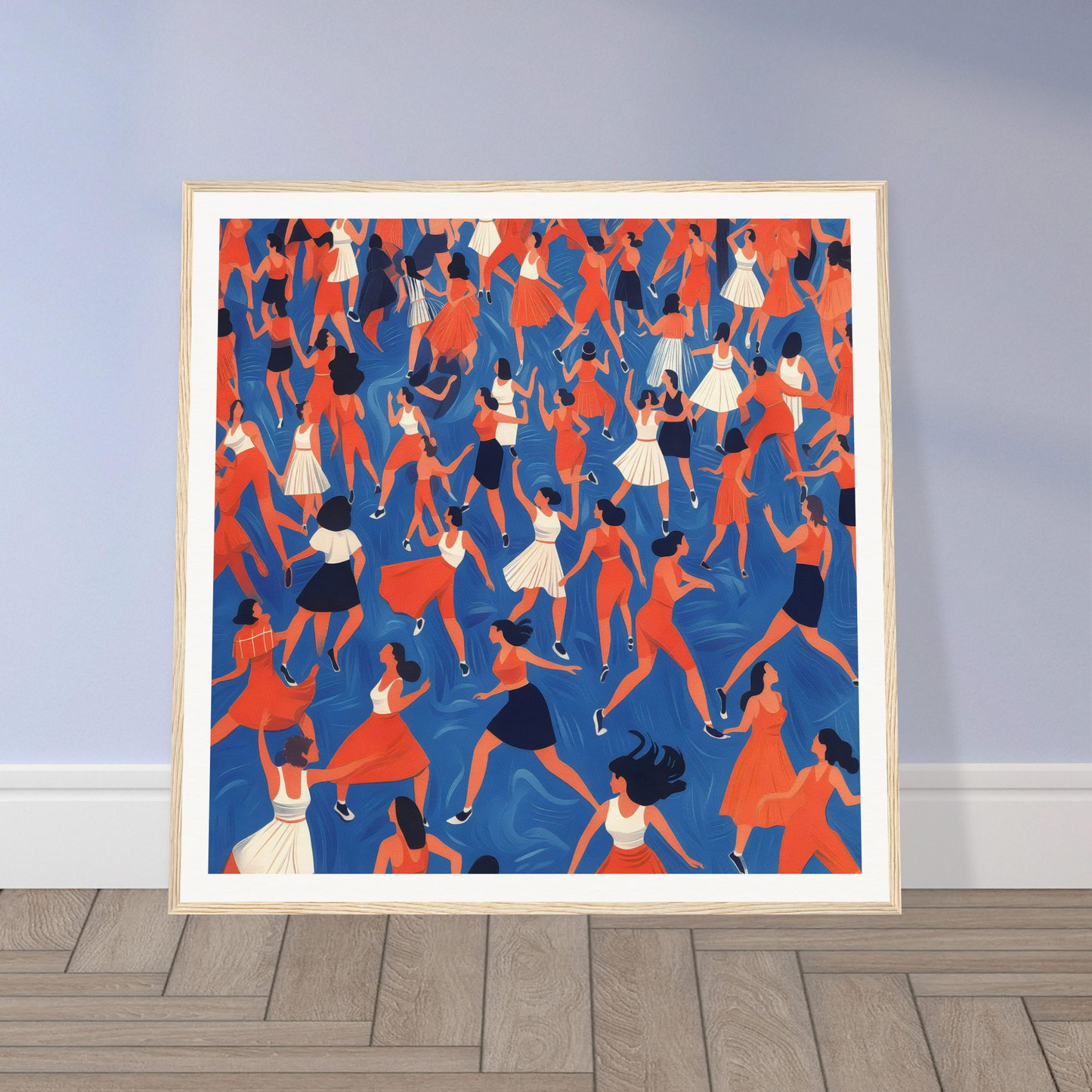 Framed poster of dancers in red, white, and blue perfect for nursery wall art decor