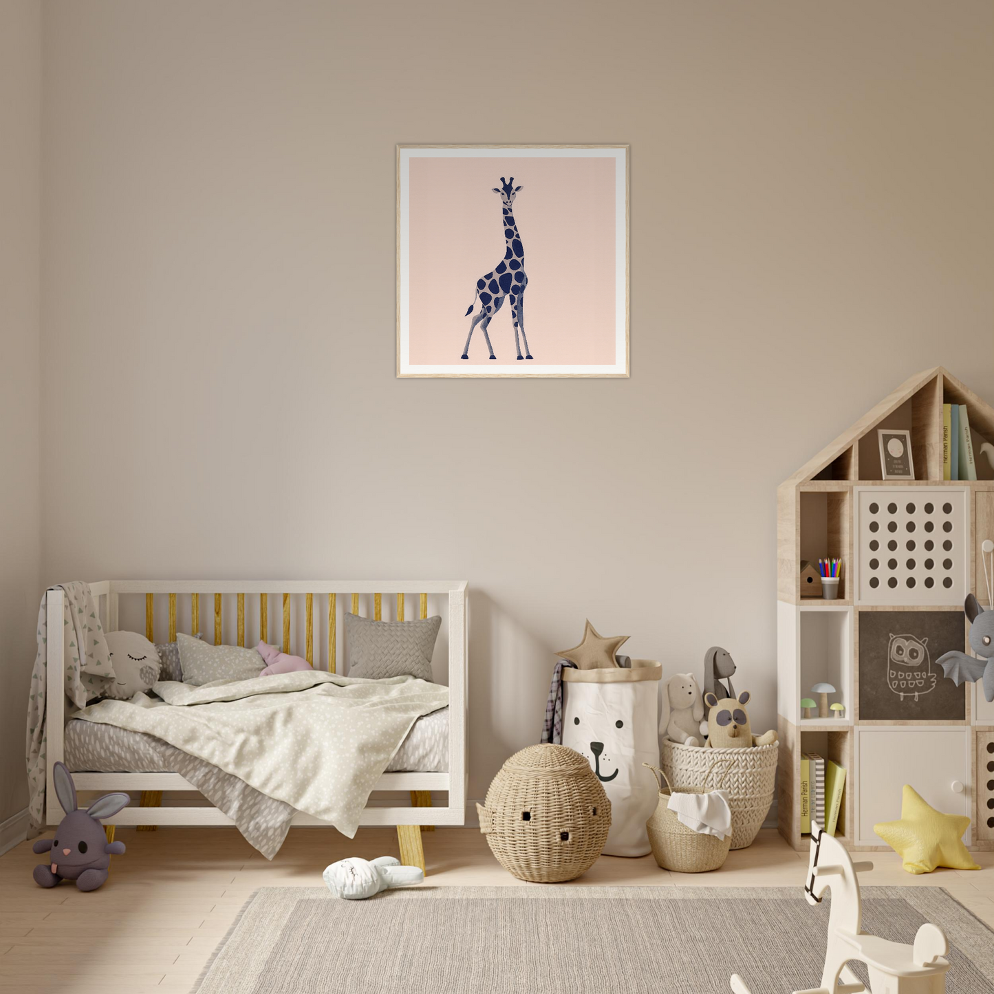Framed blue giraffe artwork for nursery wall art on a beige wall in product231