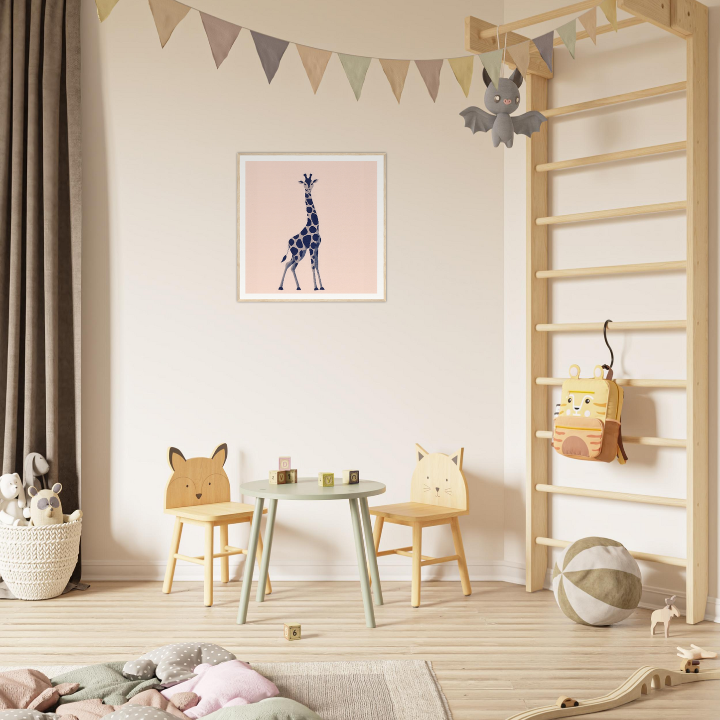 Colorful children’s play area with animal-themed chairs and round table for fun nursery decor