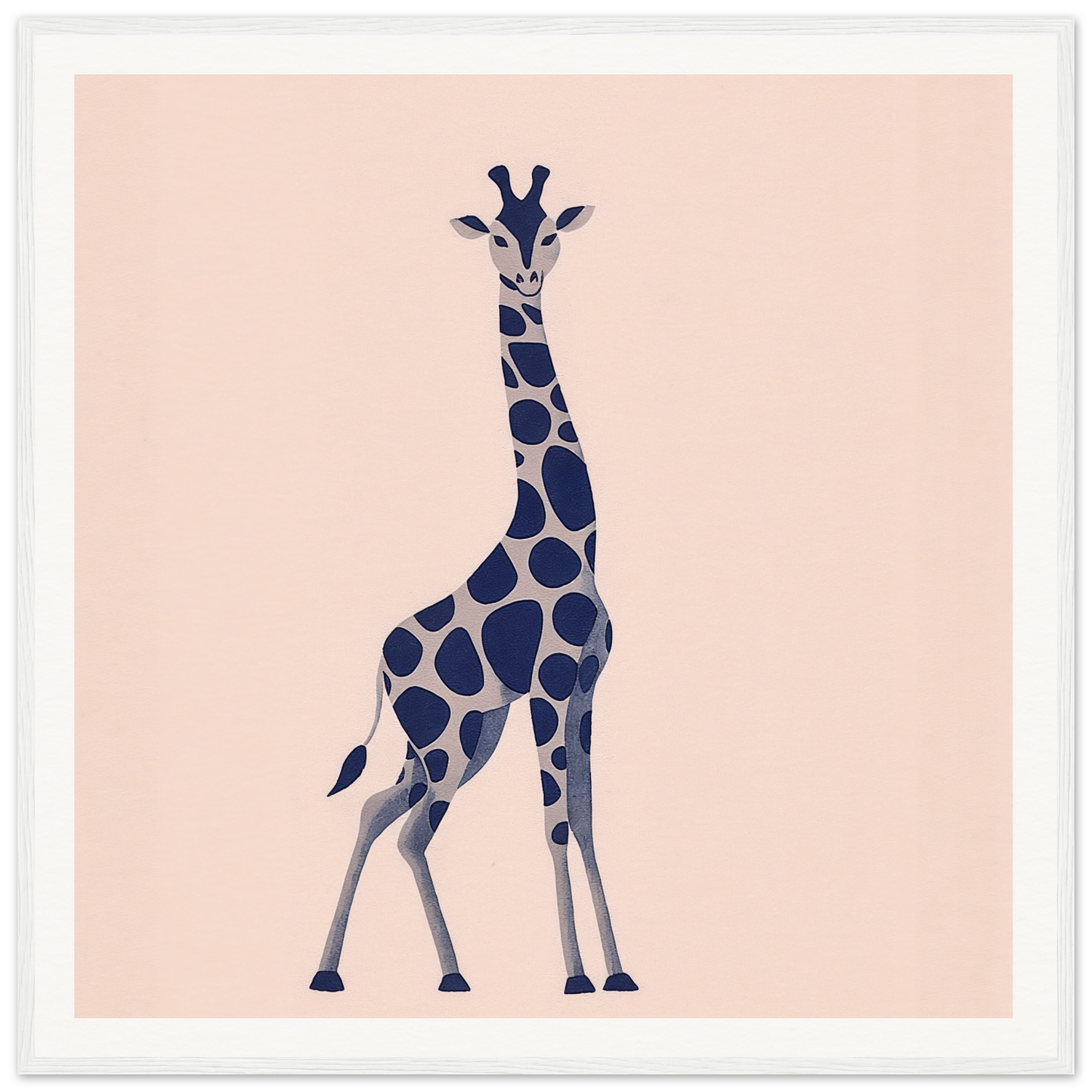 Navy blue spotted giraffe standing tall in framed poster for cute nursery decor