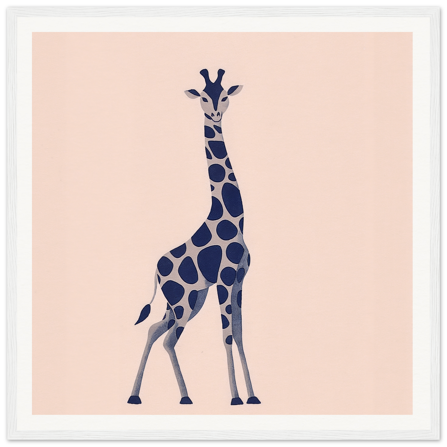 Navy blue spotted giraffe with gray legs in minimalist nursery wall art design
