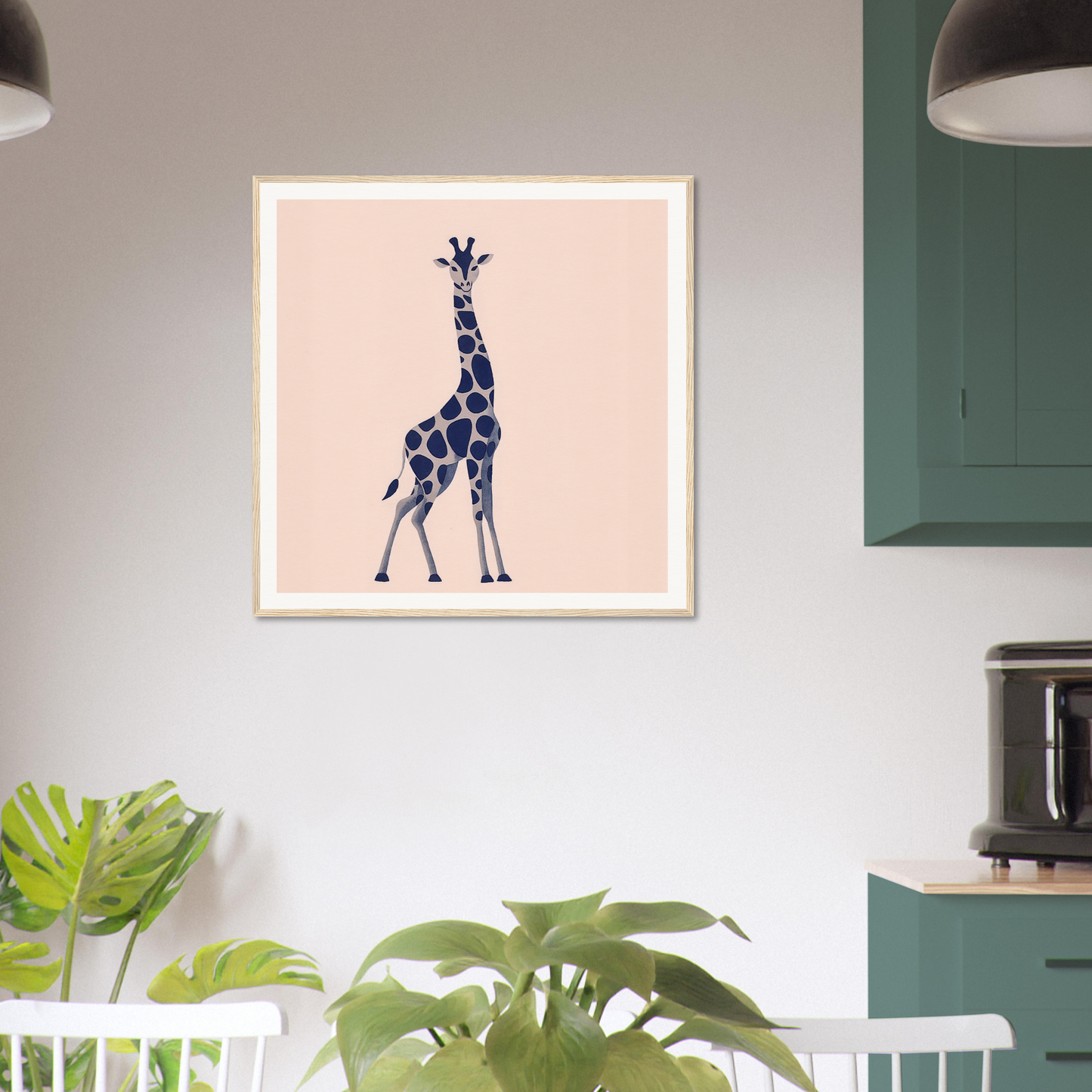 Navy blue giraffe silhouette on pale pink, perfect for nursery wall art or decor