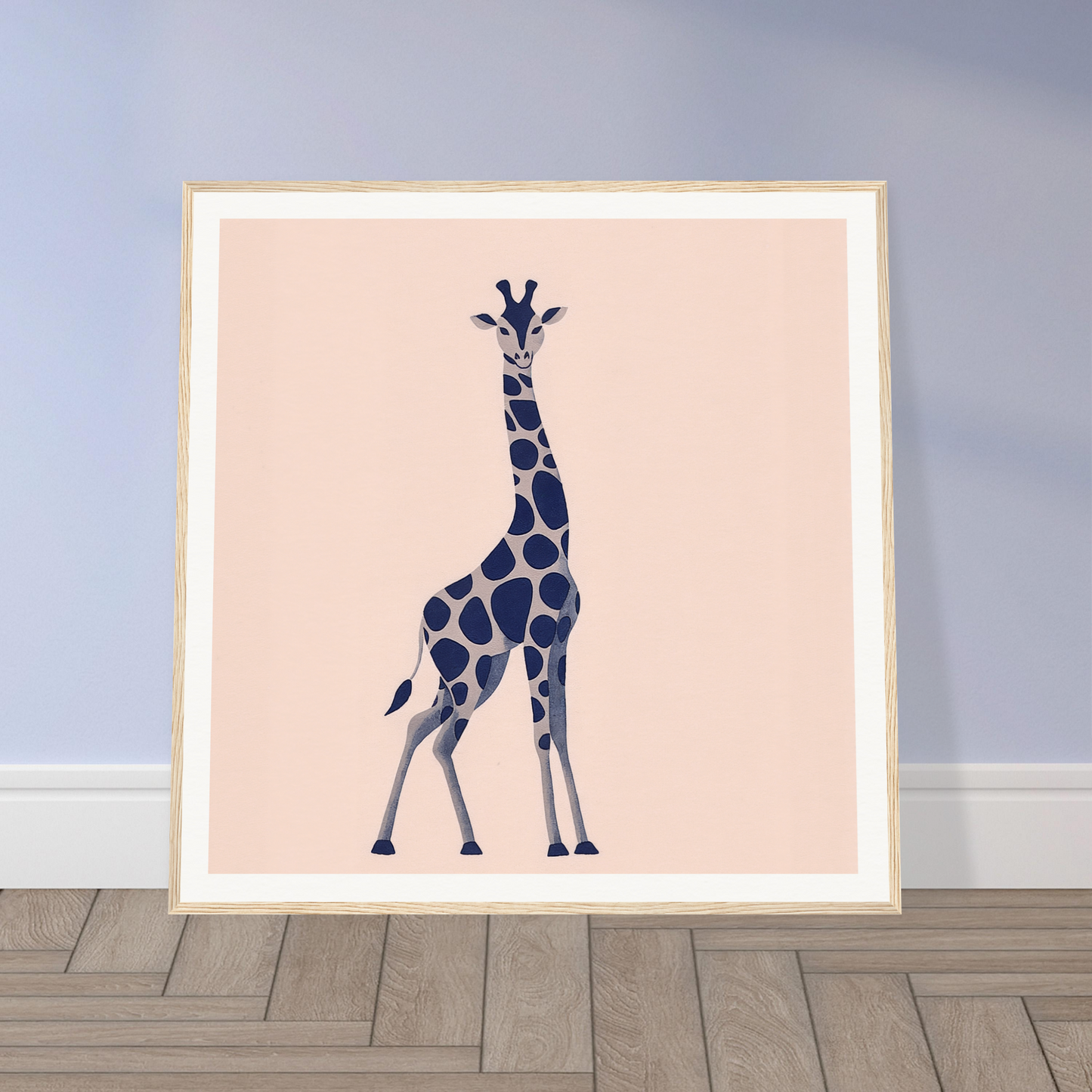 Navy blue giraffe silhouette on pink, perfect for nursery wall art in a framed poster