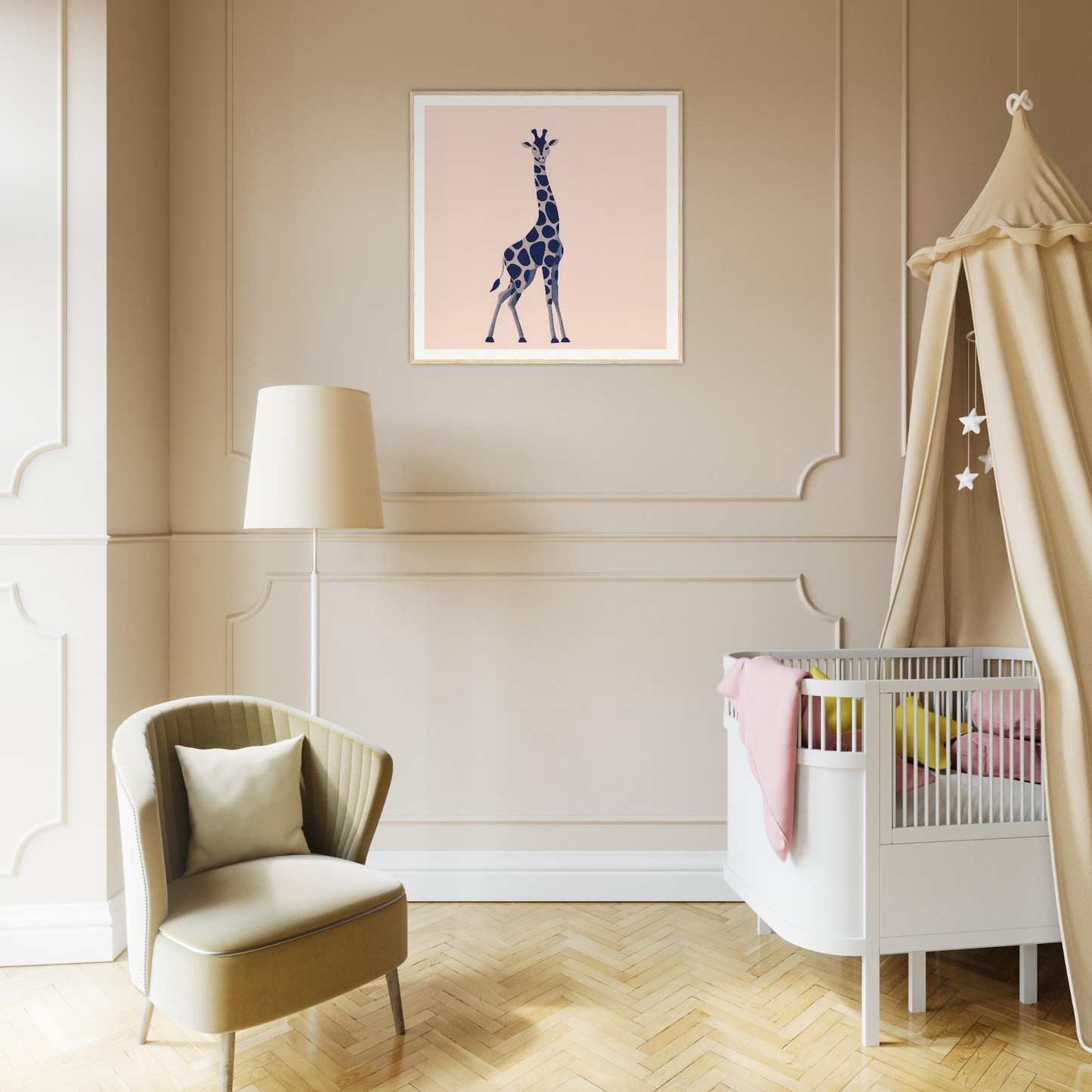Cozy nursery room with giraffe wall art, crib, armchair, and stylish canopy