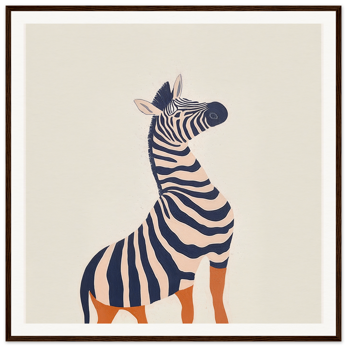 Stylized zebra with orange legs in minimalist nursery wall art for playful decor