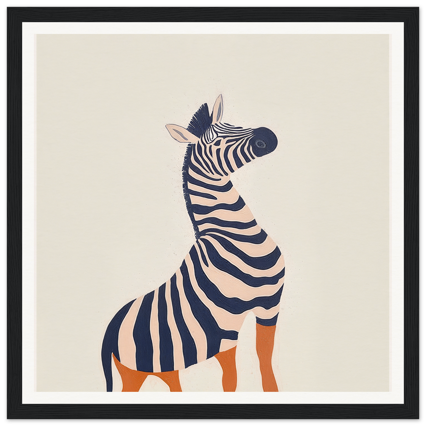 Zebra with orange legs in minimalist style for trendy nursery wall art or decor