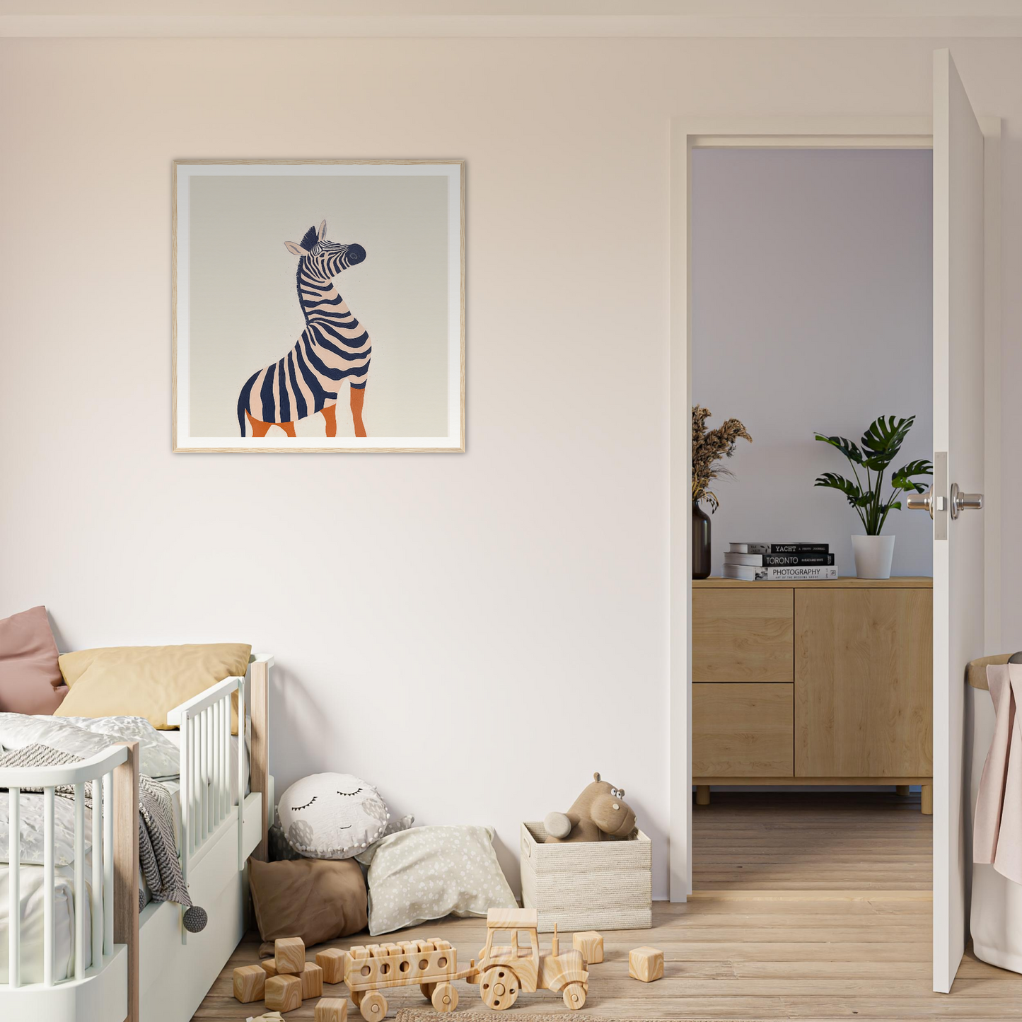 Framed poster of a whimsical zebra with orange legs for nursery wall art and decor
