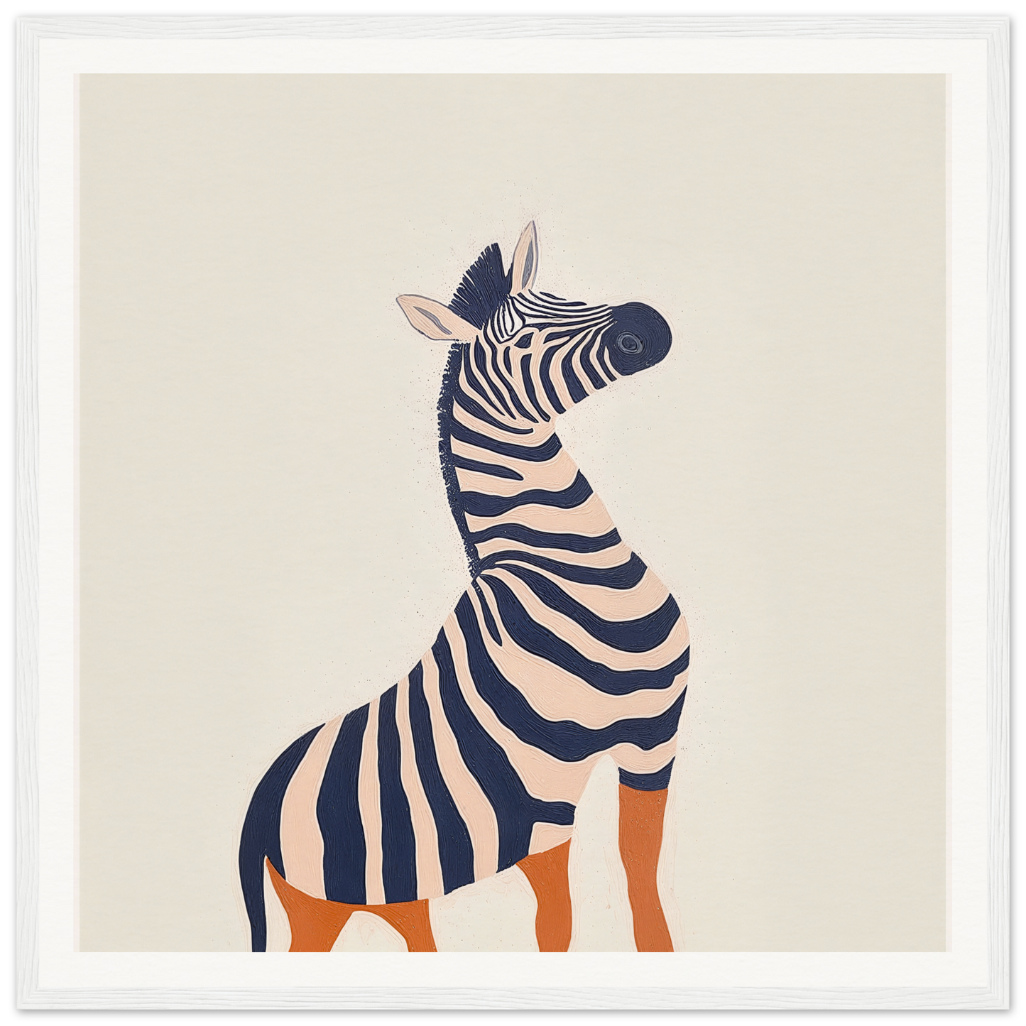 Stylized zebra with orange legs and hooves, perfect for quirky nursery wall art