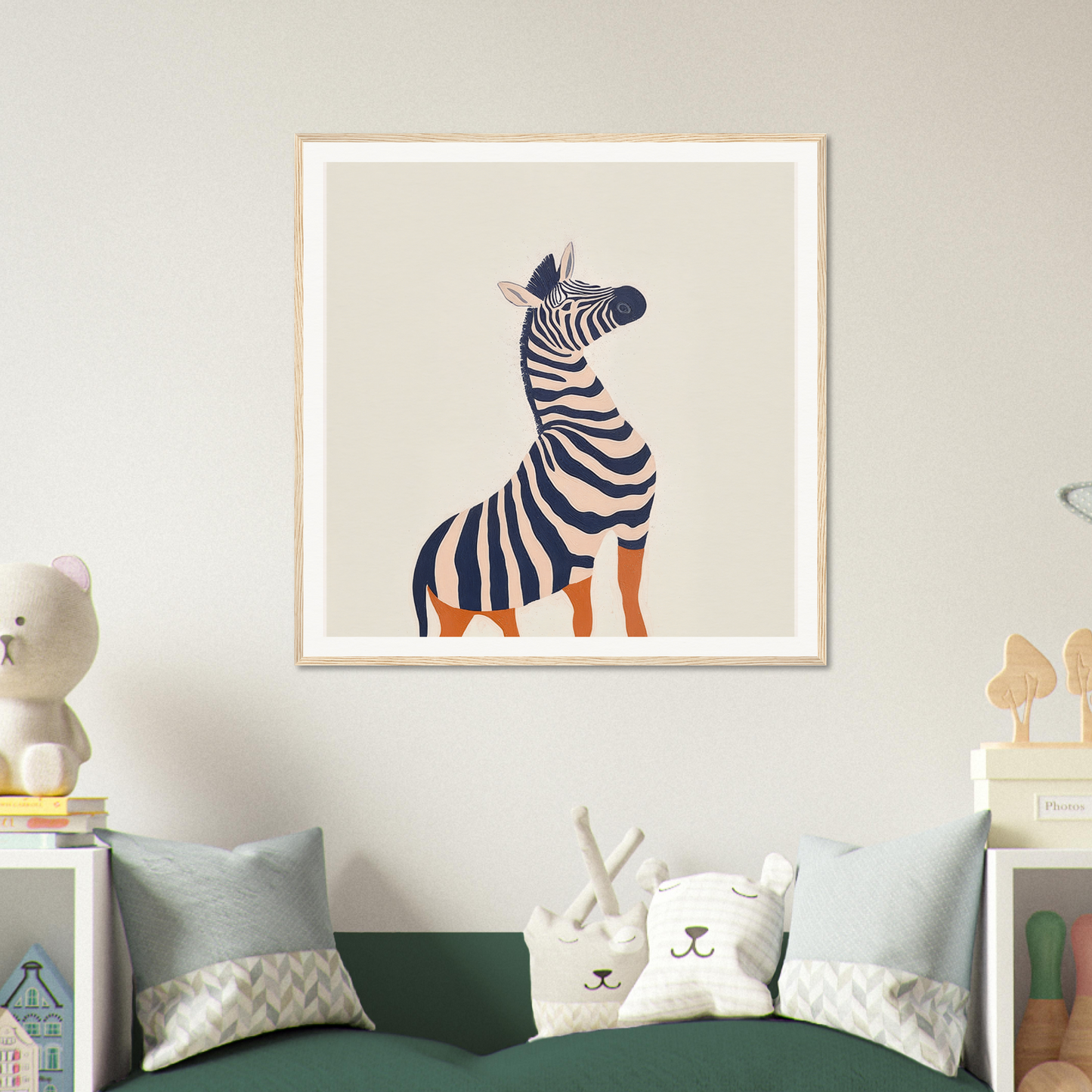 Whimsical zebra artwork with orange feet in a white frame for nursery wall art