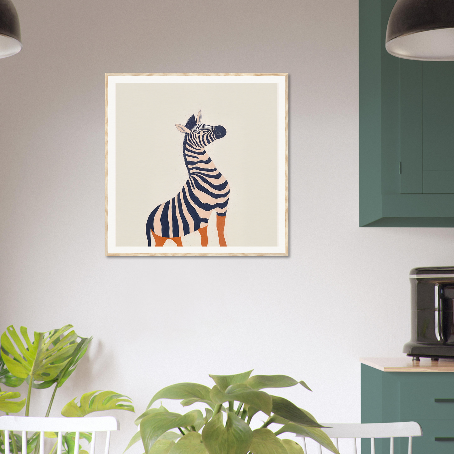 Framed poster of a zebra with orange legs, perfect for nursery wall art or decor