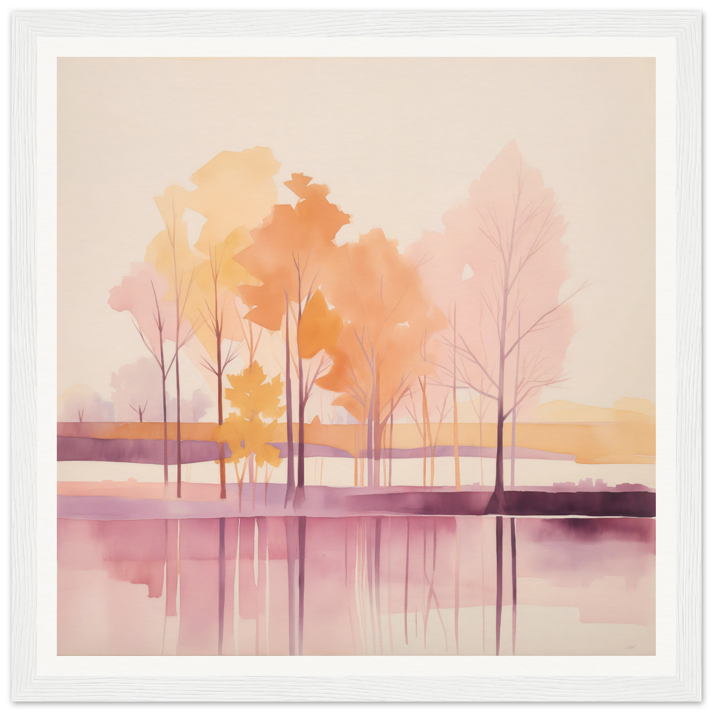 Watercolor painting of trees in lake at sunset, perfect for nursery wall art or decor