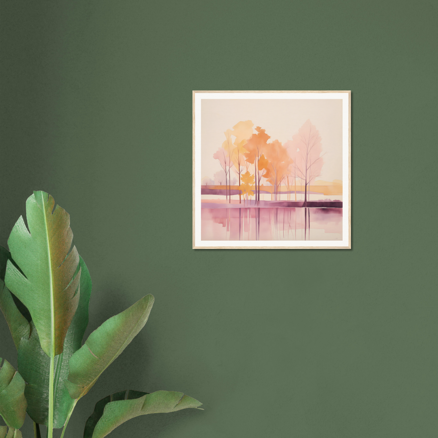 Framed watercolor trees reflecting in water ideal for nursery wall art or decor
