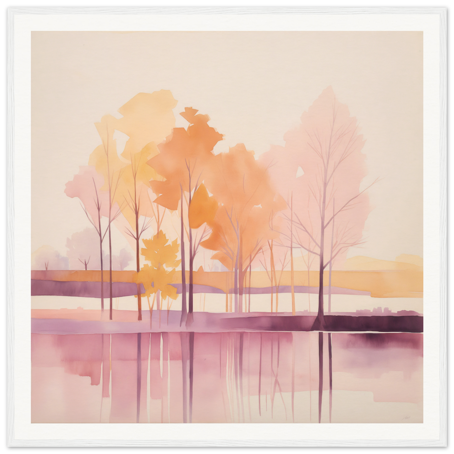 Watercolor painting of bare trees reflecting in calm water at sunset for nursery decor