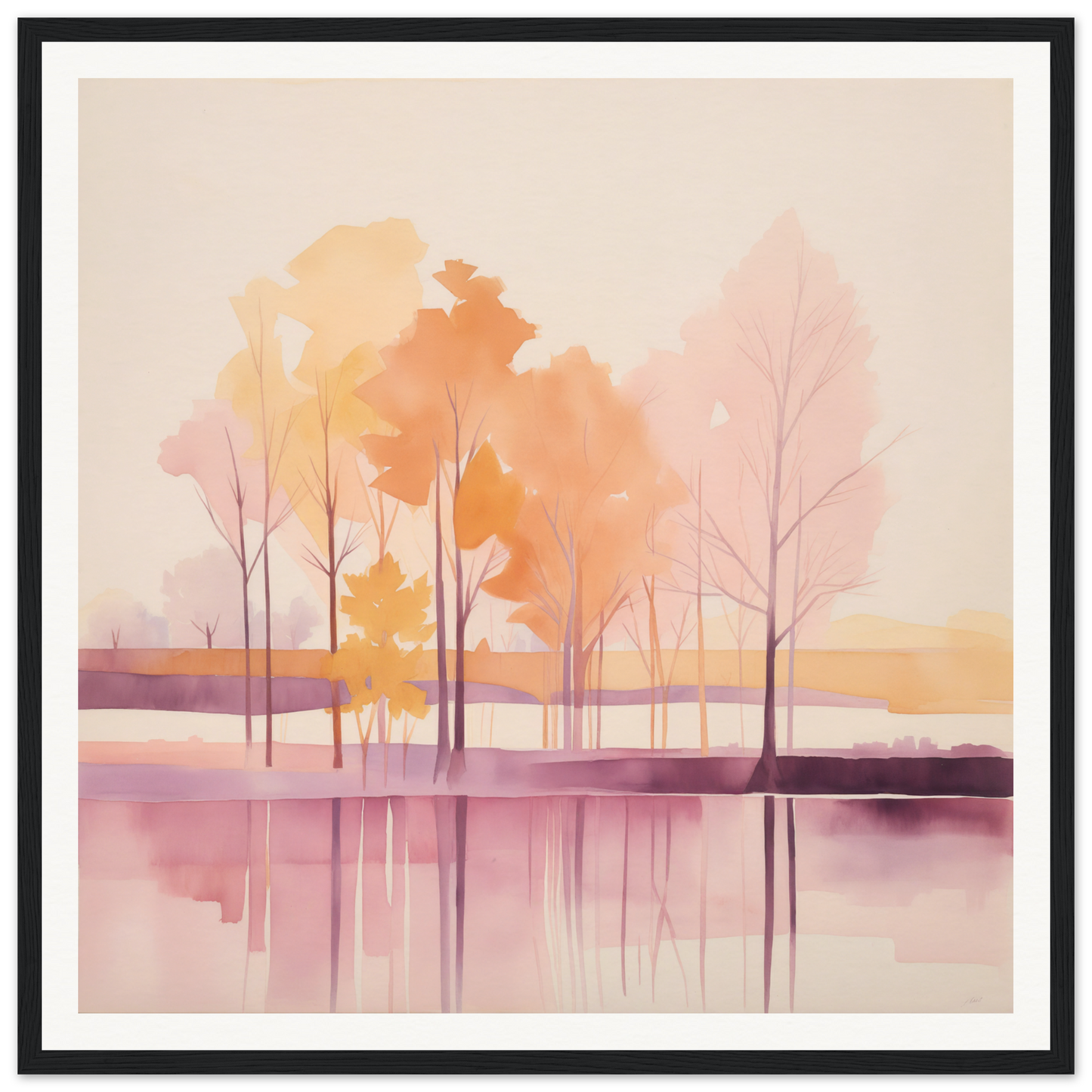Watercolor painting of autumn trees reflecting in a lake for nursery wall art