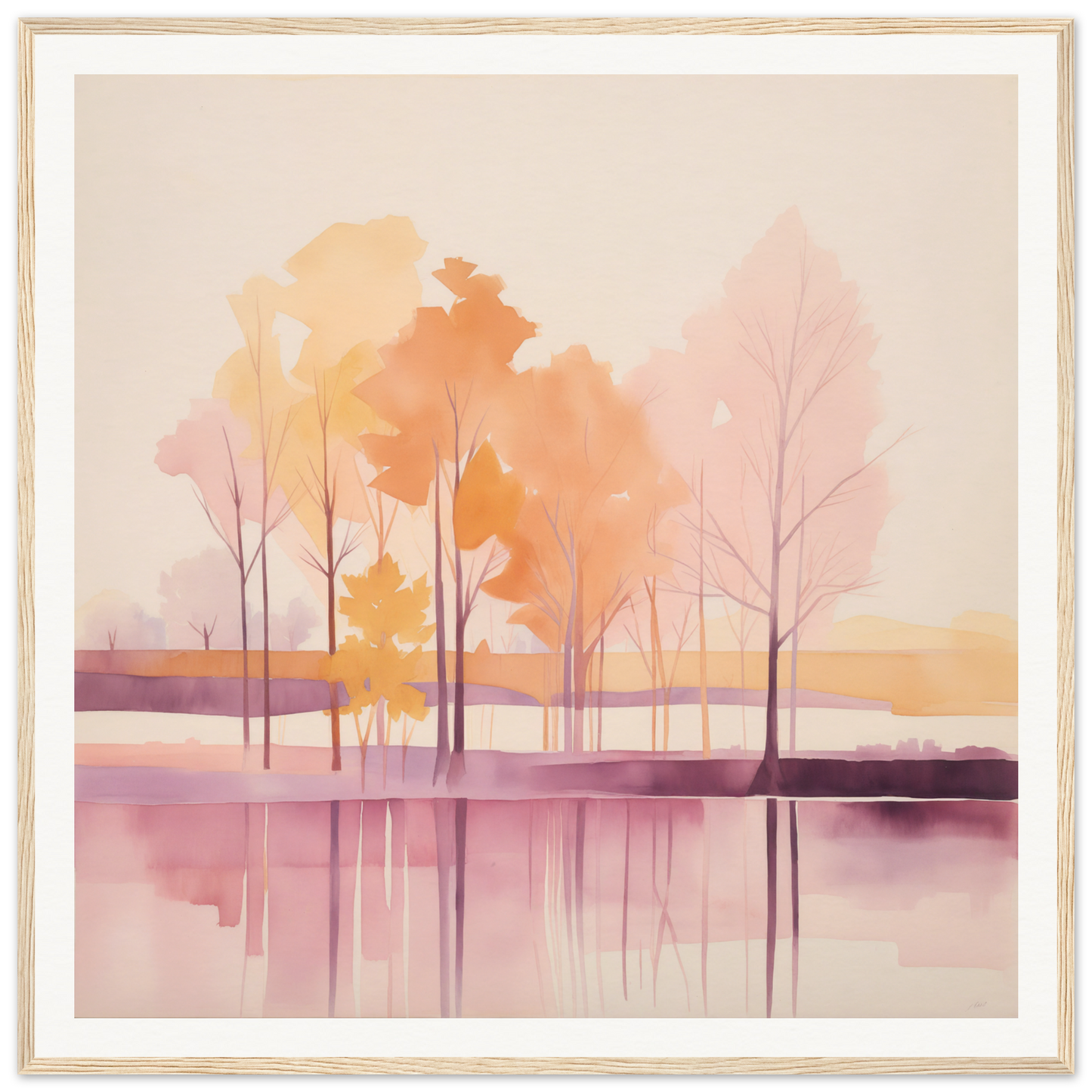 Watercolor painting of autumn trees in a lake, perfect for nursery wall art decor
