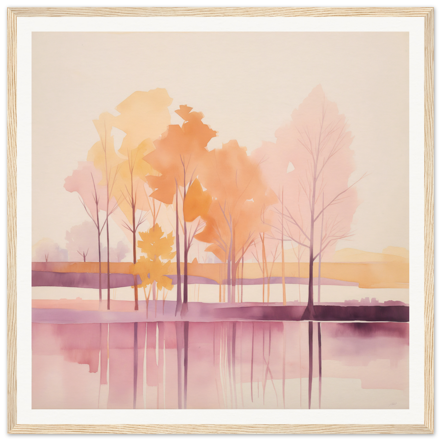 Watercolor painting of autumn trees in a lake, perfect for nursery wall art or decor