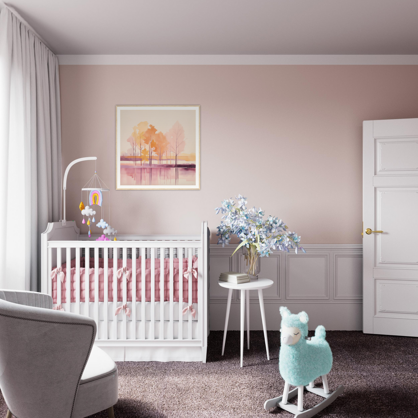 White wooden crib with pink bedding perfect for nursery decor with framed poster accents