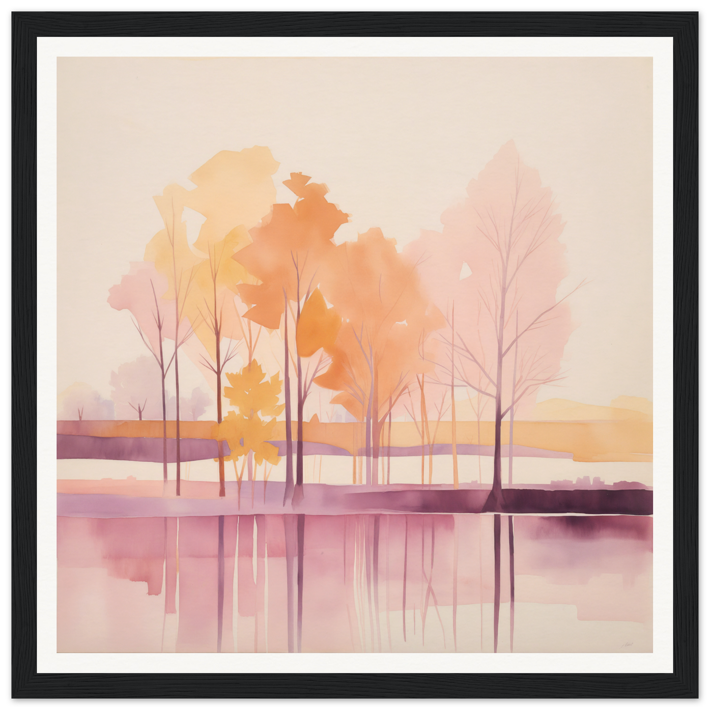 Watercolor painting of trees reflecting in a lake at sunset, perfect nursery wall art