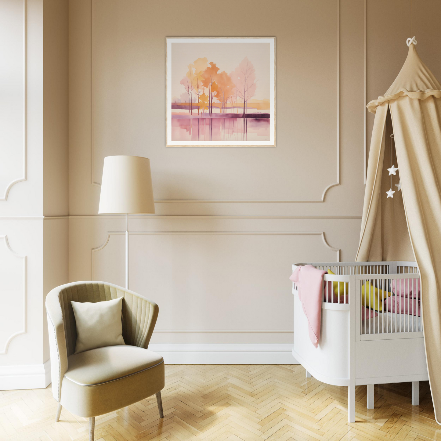 Modern nursery decor with a white crib and beige canopy, perfect for nursery wall art