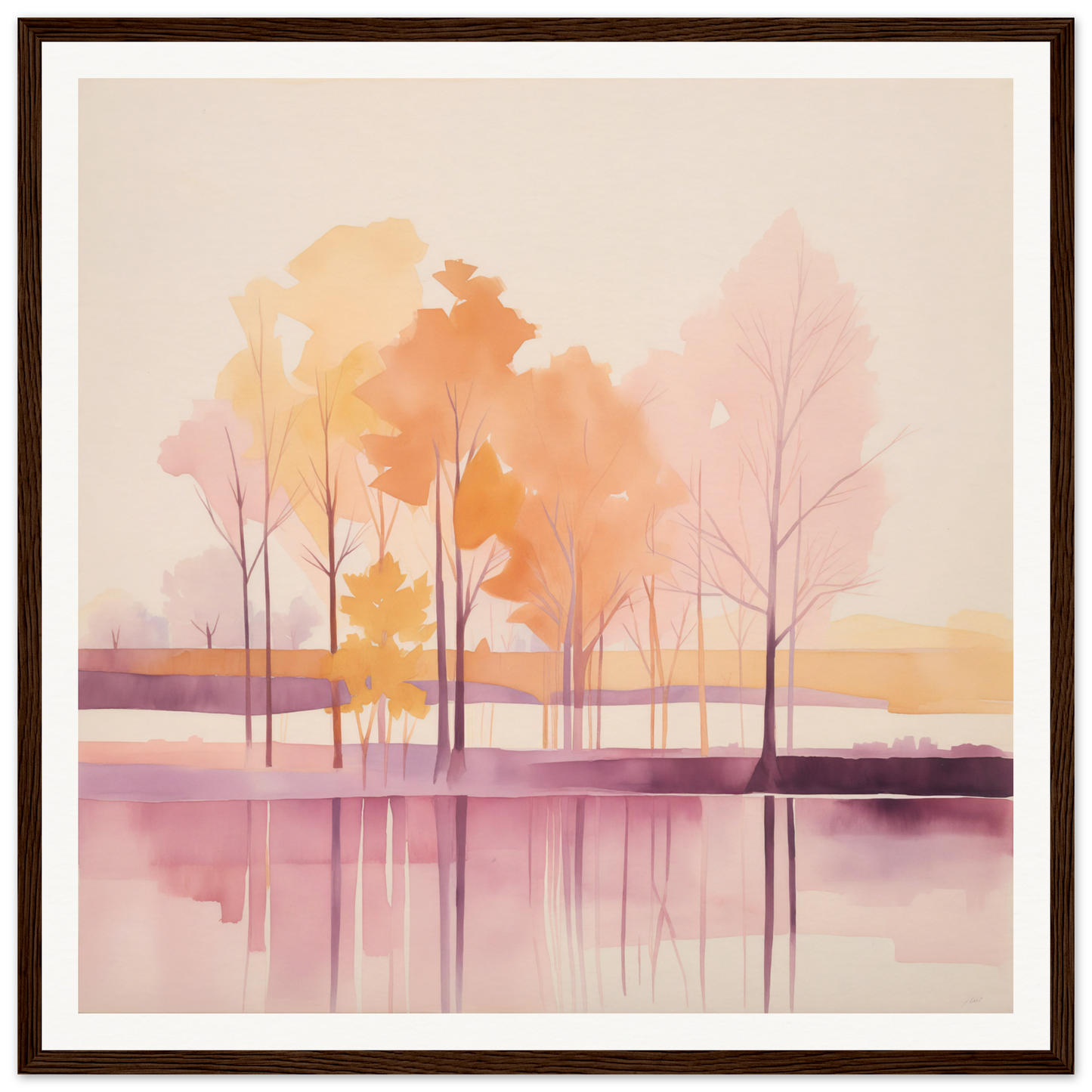 Watercolor painting of autumn trees in a lake for nursery wall art and decor