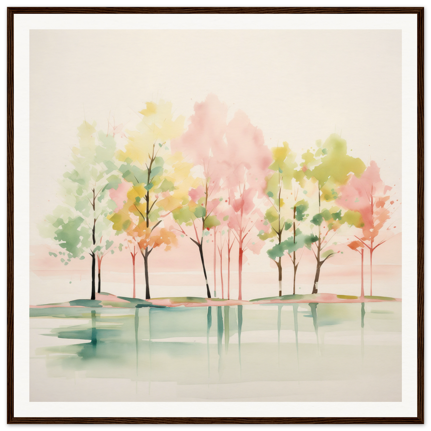 Watercolor nursery wall art of trees reflecting in calm water with pink and green hues
