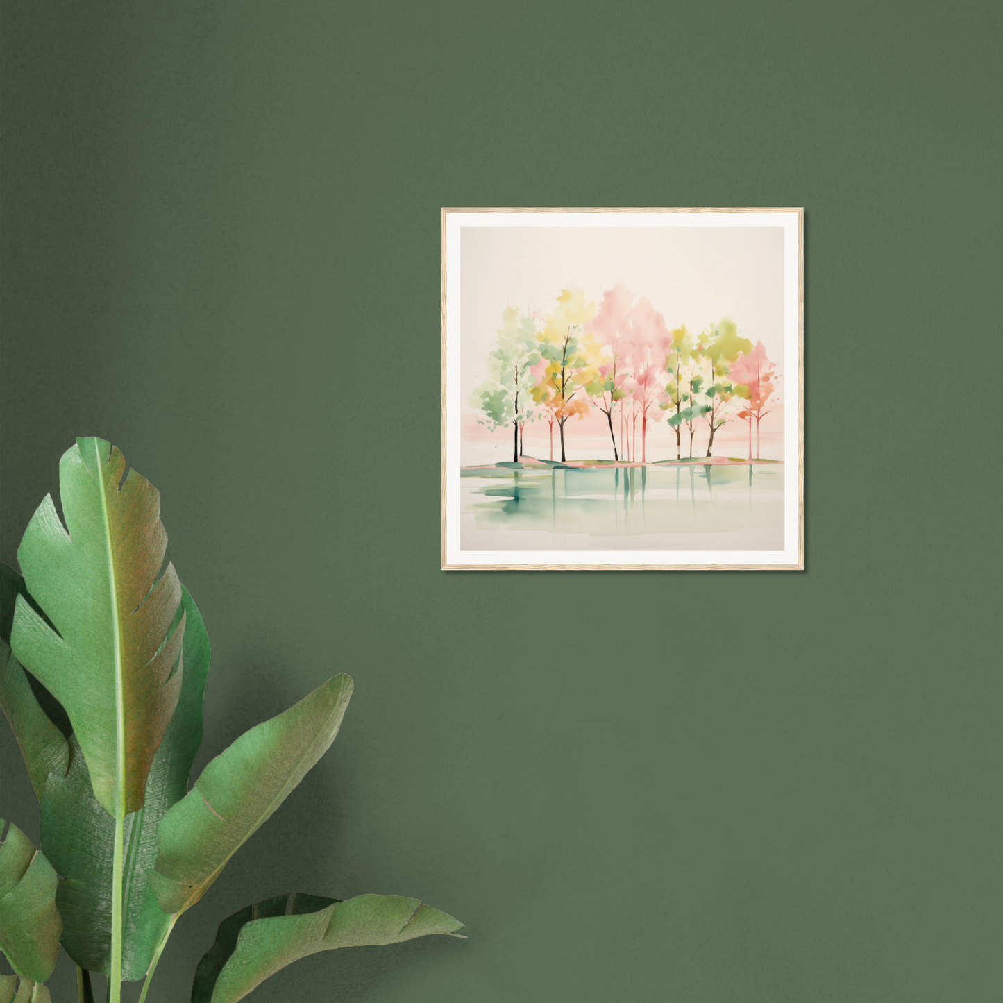 Framed watercolor painting of pastel trees for nursery wall art or decor