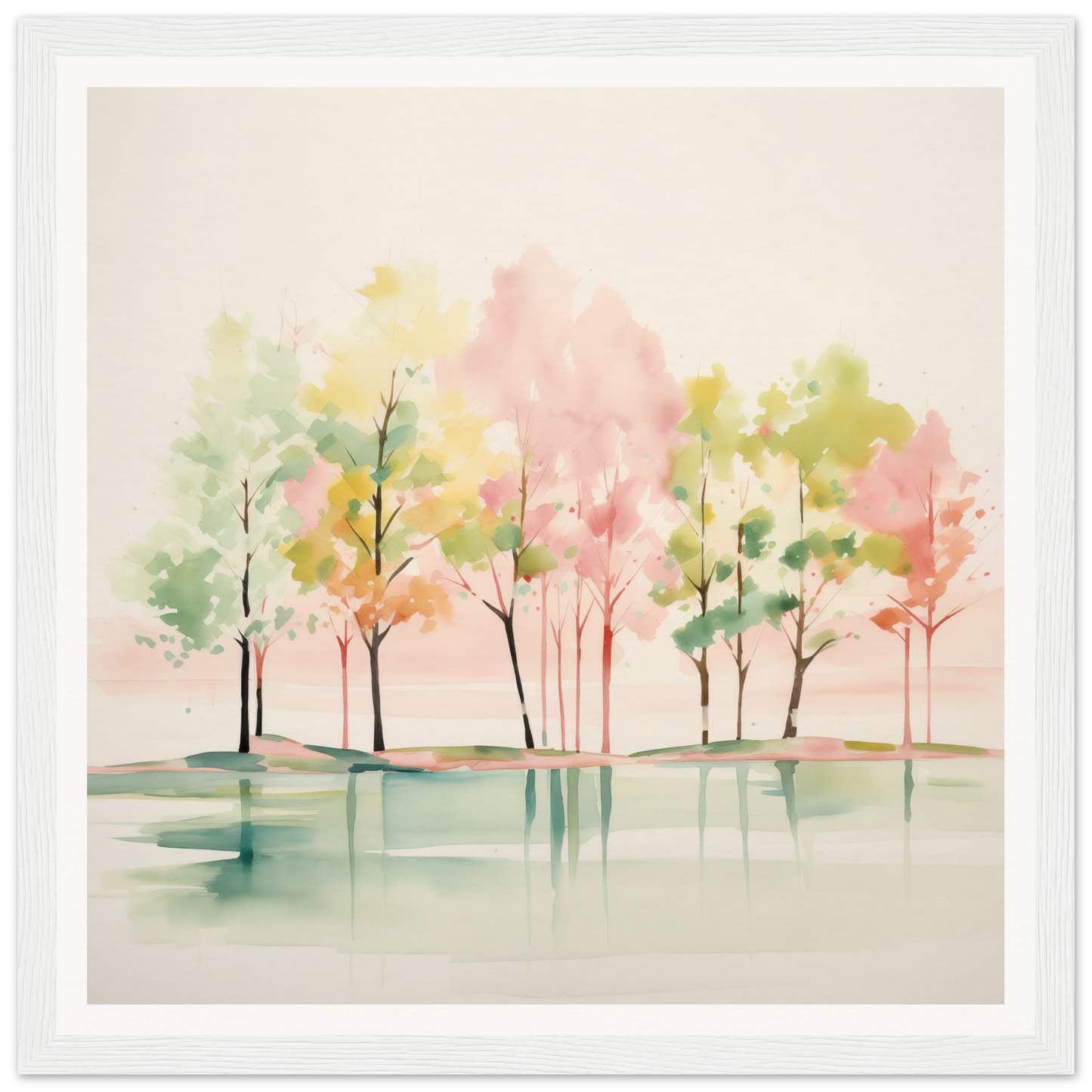 Watercolor nursery wall art of trees and reflections in soft pink and green hues