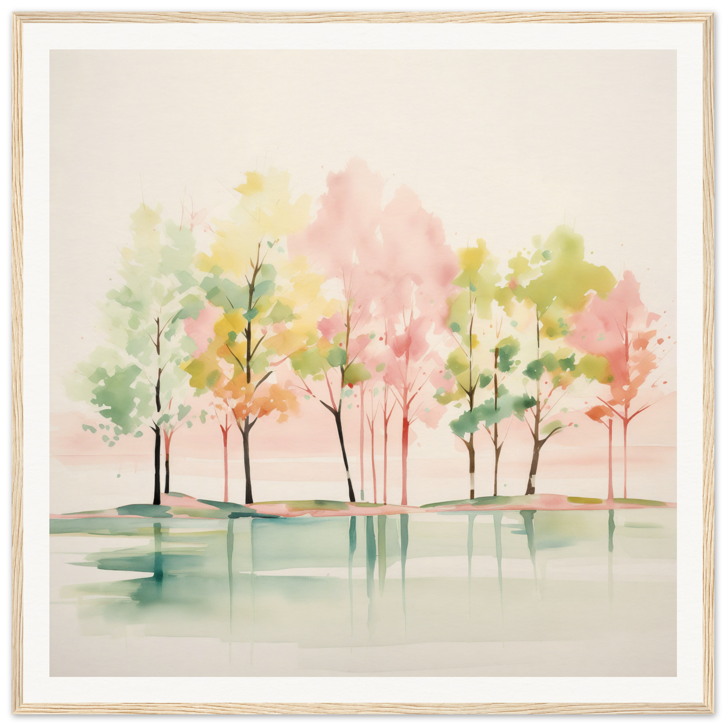 Watercolor painting of trees and still water perfect for nursery wall art or decor