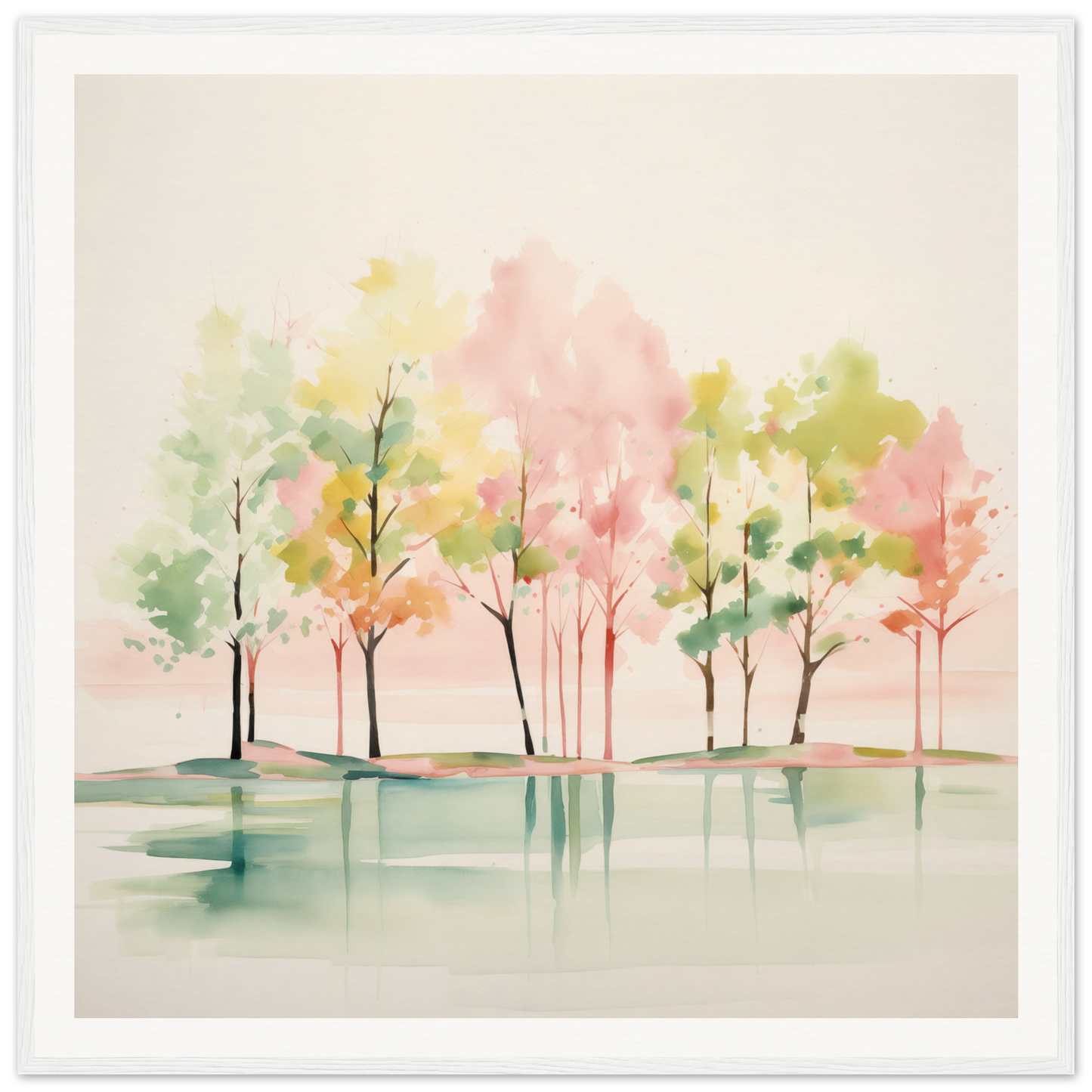 Watercolor nursery wall art of trees reflecting in calm water with pink and green hues
