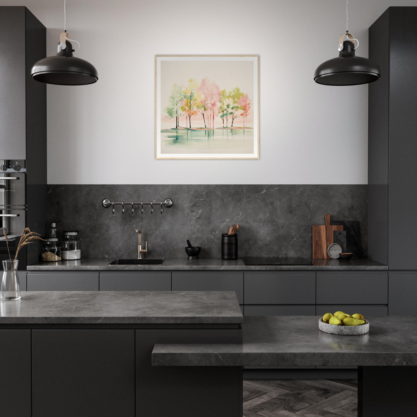 Modern dark kitchen with matte black cabinets and industrial pendant lights for trendy decor