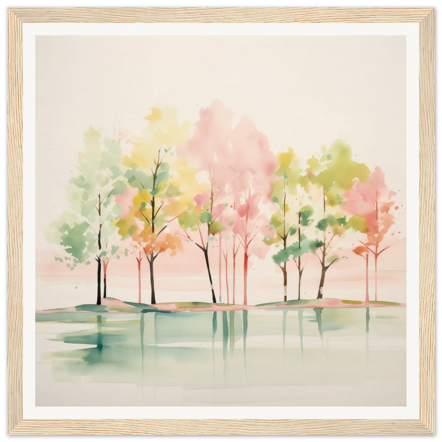 Watercolor nursery wall art of pastel trees reflected in calm water for cozy decor