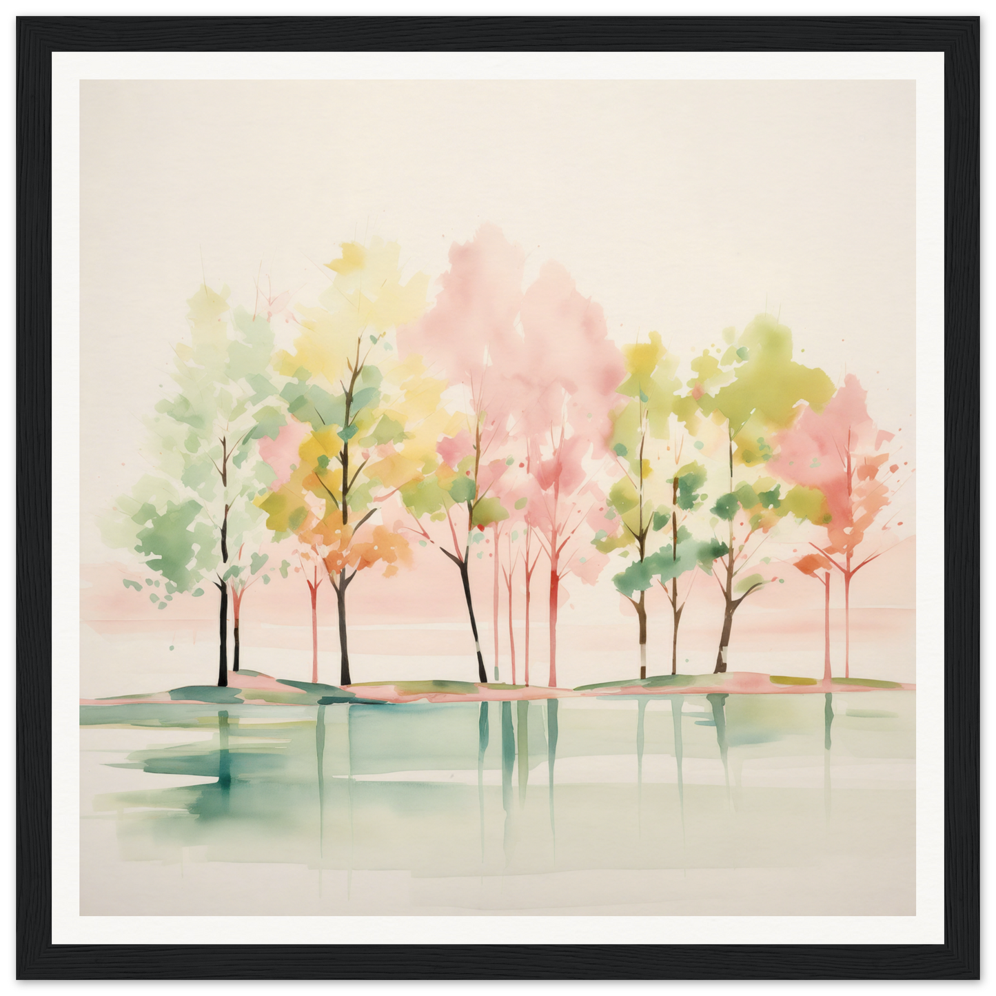 Watercolor nursery wall art of trees and reflections in soft pink and green hues
