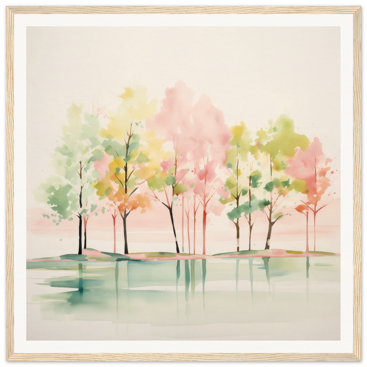 Watercolor painting of pastel trees in still water for nursery wall art or decor