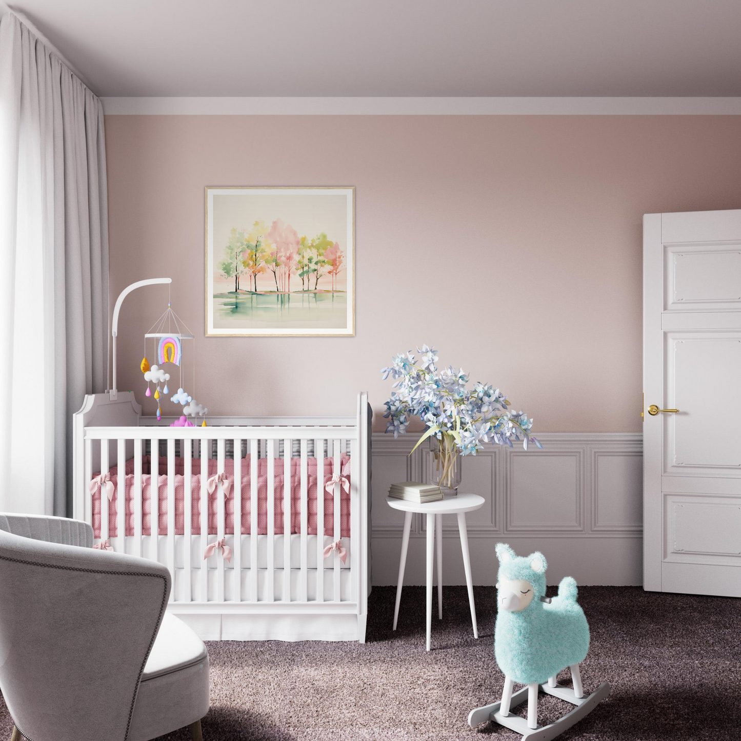 White wooden crib with pink bedding, perfect for nursery decor and charming wall art