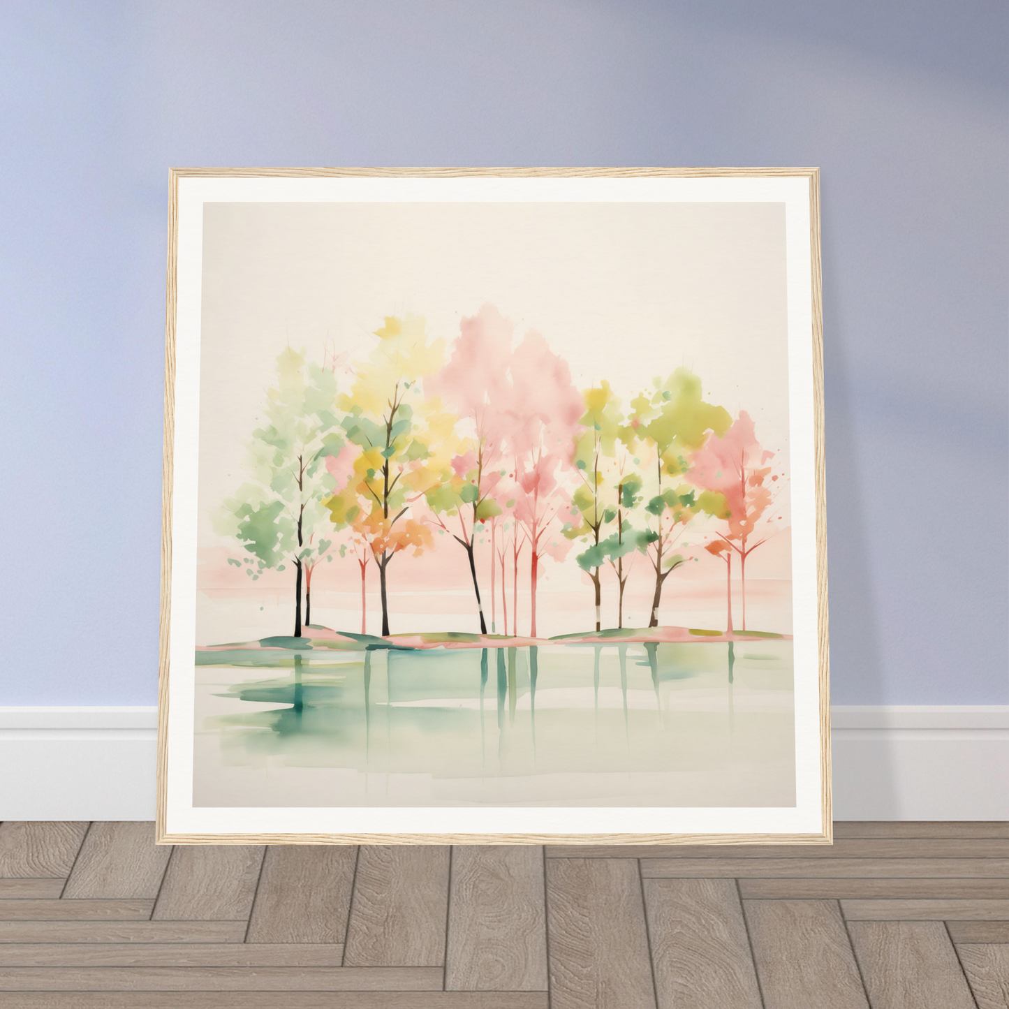 Framed watercolor painting of pastel trees reflected in calm water for nursery wall art