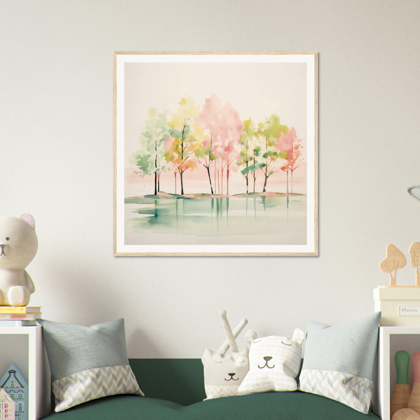 Framed watercolor painting of pastel trees reflecting in water, perfect nursery wall art